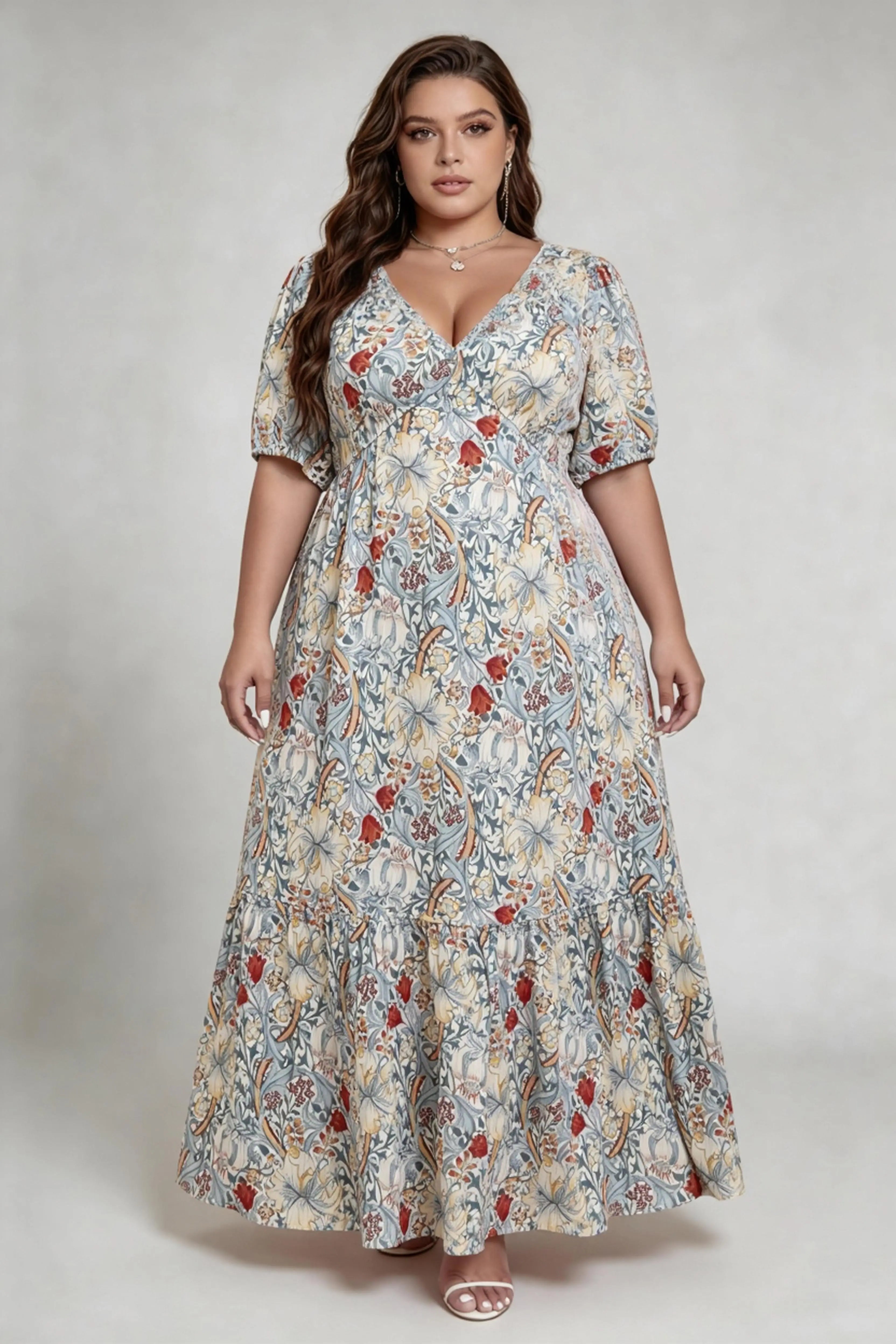 Curvy model wearing plus size vintage floral v-neck maxi dress, puff sleeve high waist ruffle hem a-line flowy boho summer dress