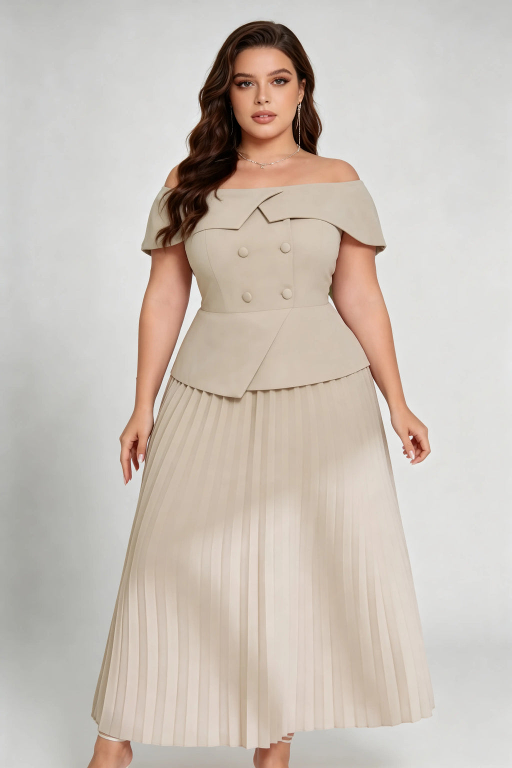 Curvy model wearing plus size apricot off-shoulder peplum pleated midi dress, double-breasted button front a-line elegant workwear summer dress