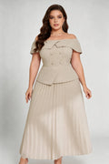 Curvy model wearing plus size apricot off-shoulder peplum pleated midi dress, double-breasted button front a-line elegant workwear summer dress