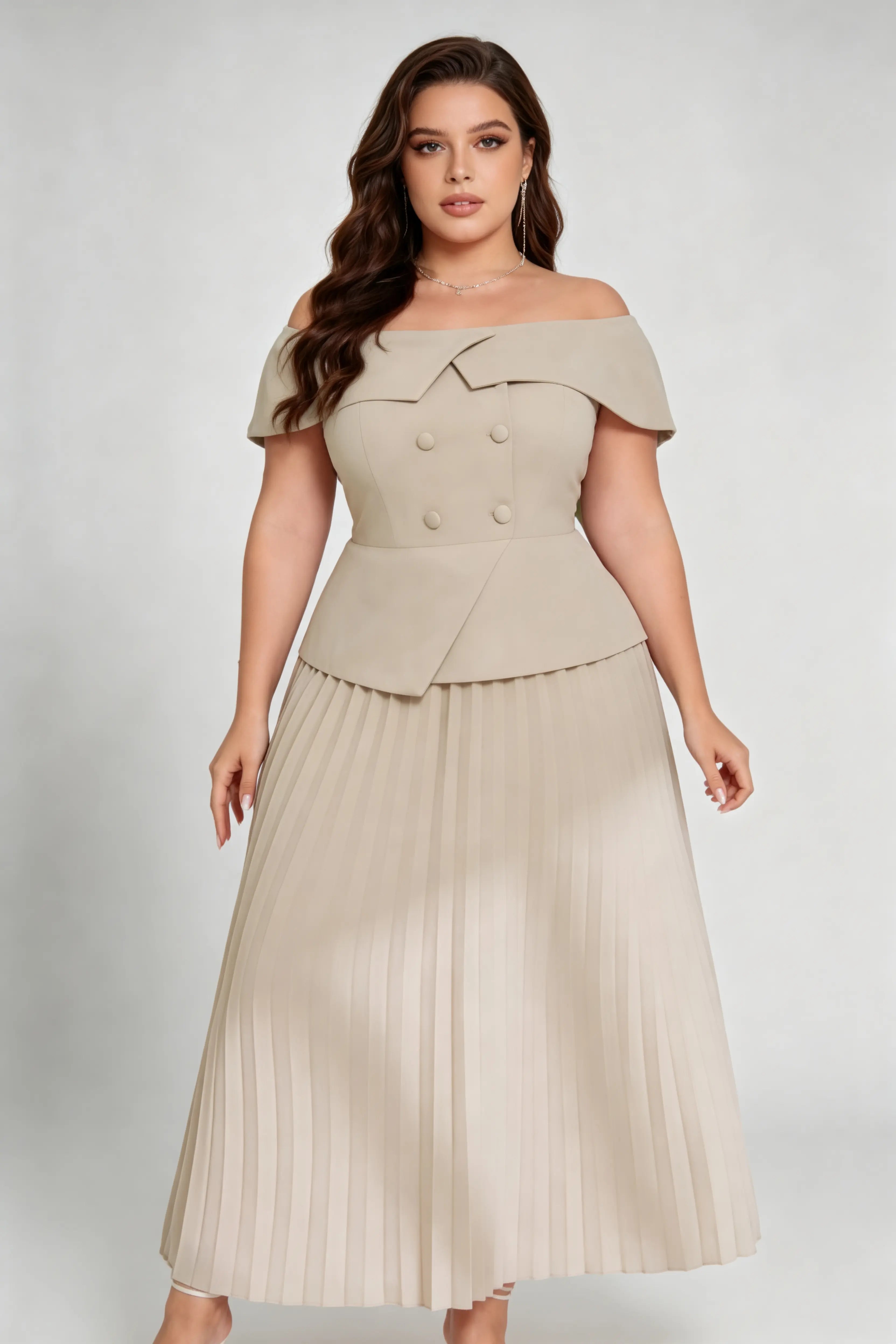 Curvy model wearing plus size apricot off-shoulder peplum pleated midi dress, double-breasted button front a-line elegant workwear summer dress