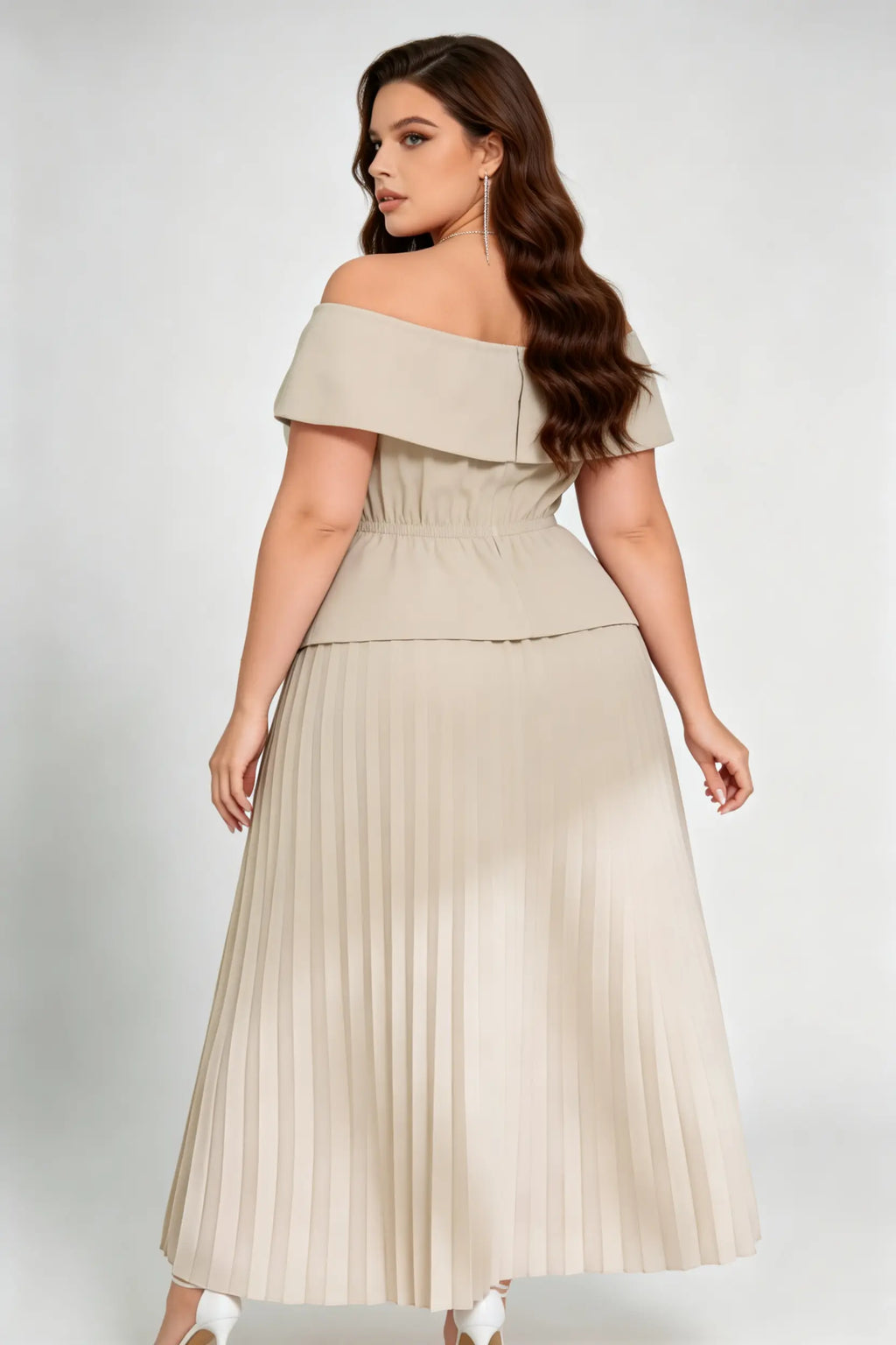 Curvy model wearing plus size apricot off-shoulder peplum pleated midi dress, double-breasted button front a-line elegant workwear summer dress