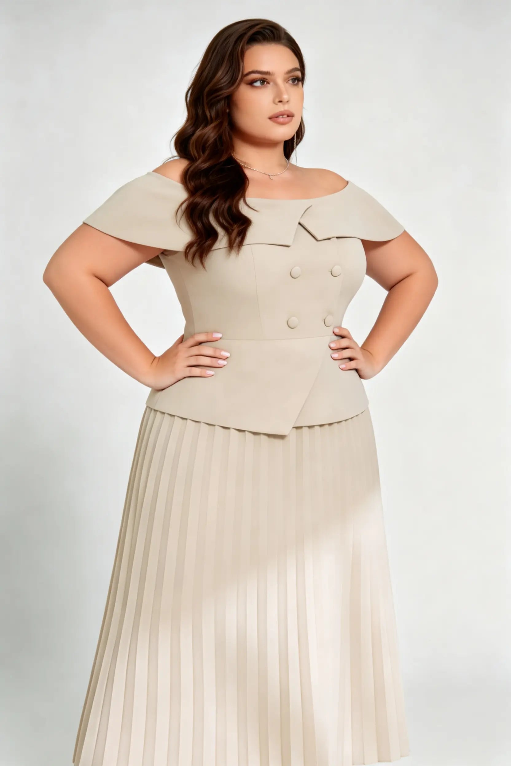 Curvy model wearing plus size apricot off-shoulder peplum pleated midi dress, double-breasted button front a-line elegant workwear summer dress