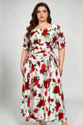 Curvy model wearing plus size red rose print square neck midi dress, ruched drawstring puff sleeve a-line elegant floral summer dress