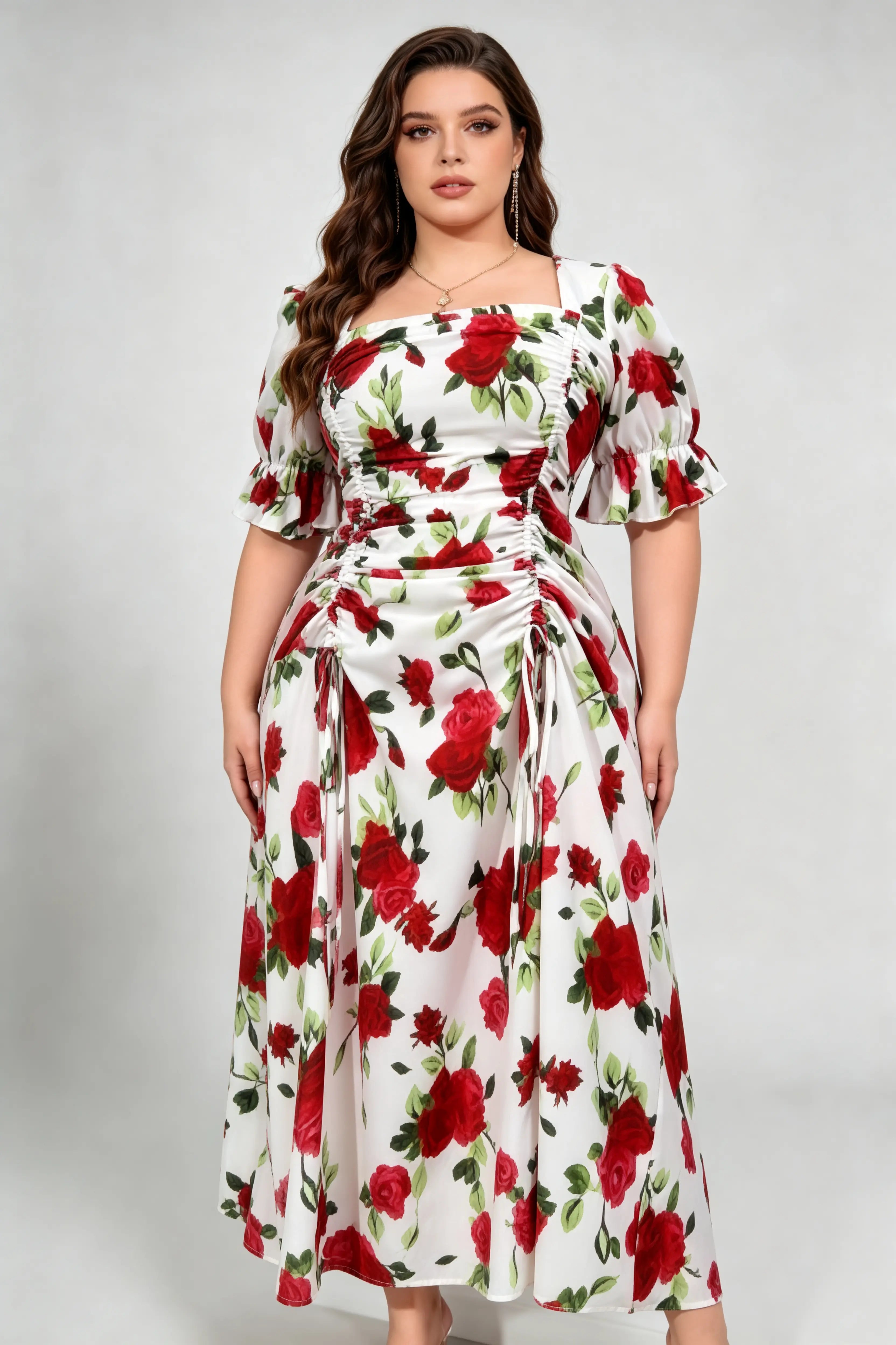 Curvy model wearing plus size red rose print square neck midi dress, ruched drawstring puff sleeve a-line elegant floral summer dress