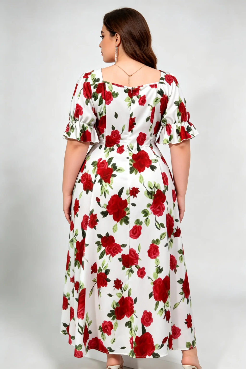 Curvy model wearing plus size red rose print square neck midi dress, ruched drawstring puff sleeve a-line elegant floral summer dress