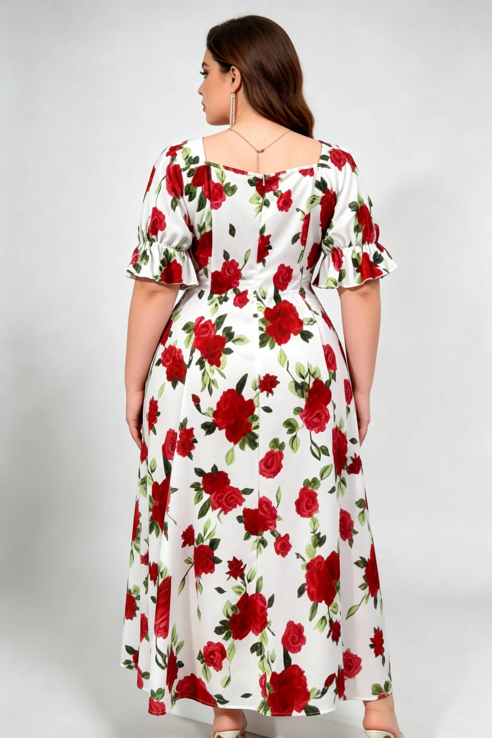 Curvy model wearing plus size red rose print square neck midi dress, ruched drawstring puff sleeve a-line elegant floral summer dress