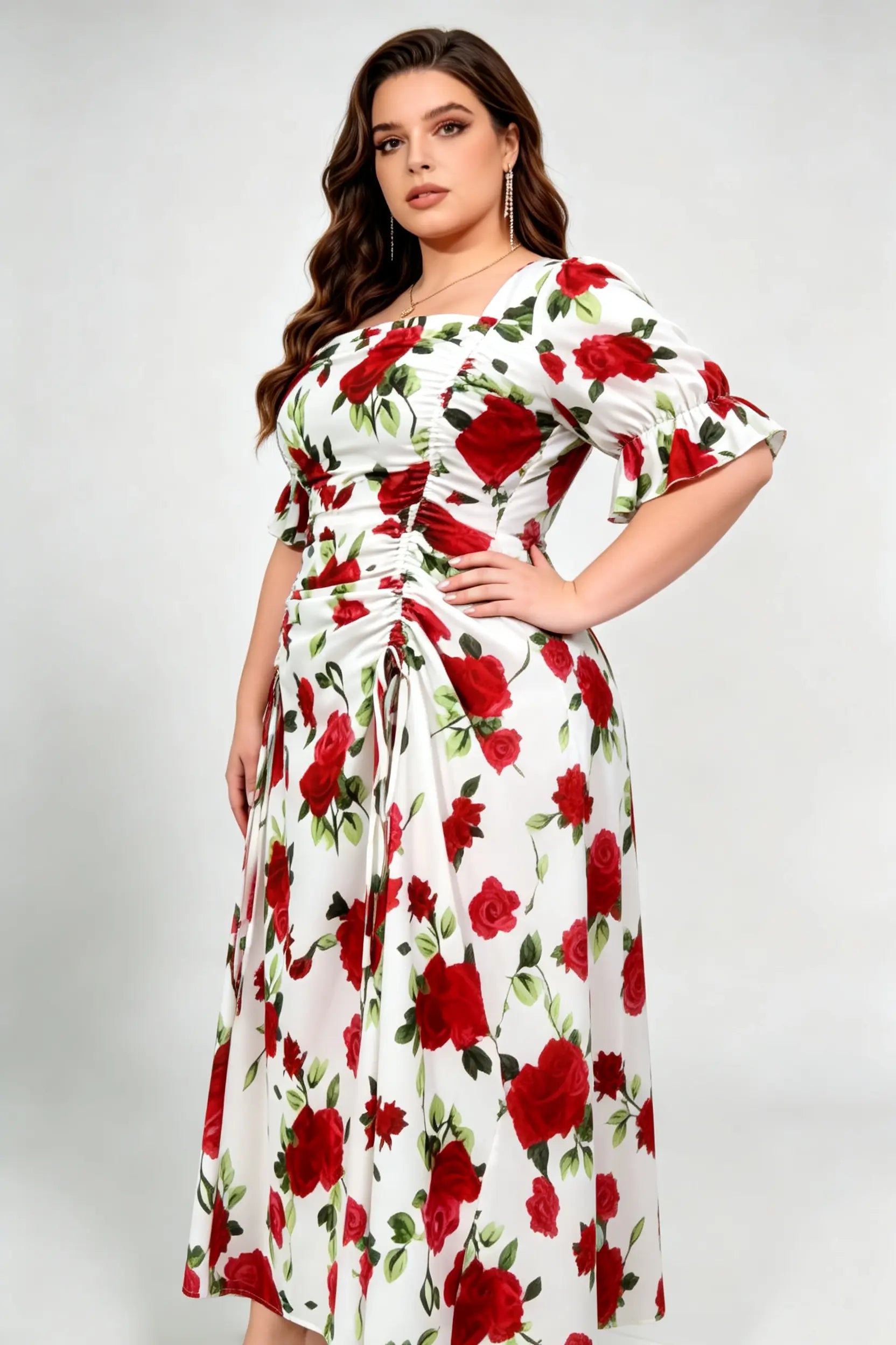 Curvy model wearing plus size red rose print square neck midi dress, ruched drawstring puff sleeve a-line elegant floral summer dress