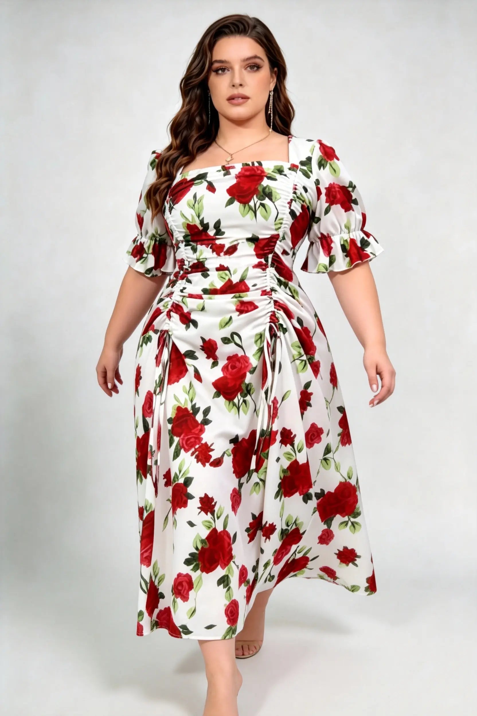 Curvy model wearing plus size red rose print square neck midi dress, ruched drawstring puff sleeve a-line elegant floral summer dress