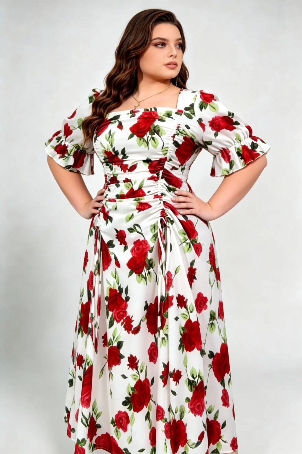 Curvy model wearing plus size red rose print square neck midi dress, ruched drawstring puff sleeve a-line elegant floral summer dress