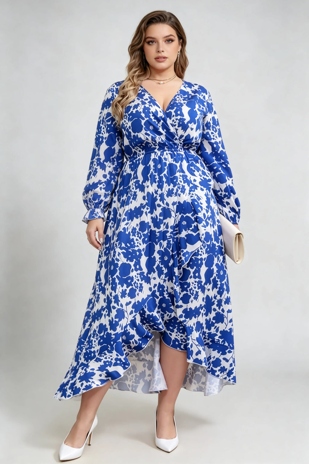 Curvy model wearing plus size blue floral print wrap maxi dress, v-neck long sleeve high-low ruffle hem a-line elegant casual dress