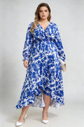 Curvy model wearing plus size blue floral print wrap maxi dress, v-neck long sleeve high-low ruffle hem a-line elegant casual dress