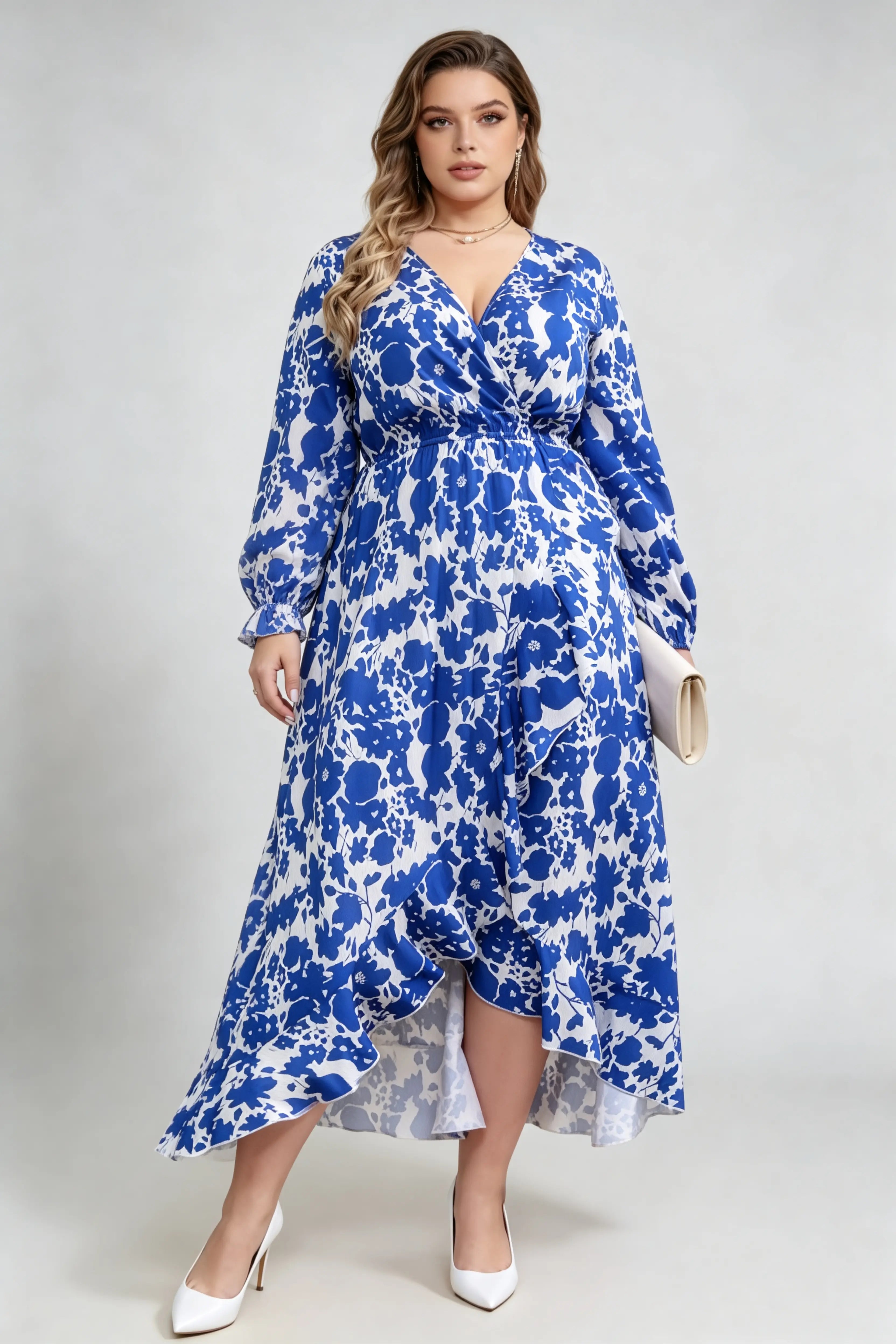 Curvy model wearing plus size blue floral print wrap maxi dress, v-neck long sleeve high-low ruffle hem a-line elegant casual dress
