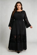 Plus Size Black Lace Panel Maxi Dress, Round Neck Long Sleeve Elastic Waist A-Line Elegant Evening Dress