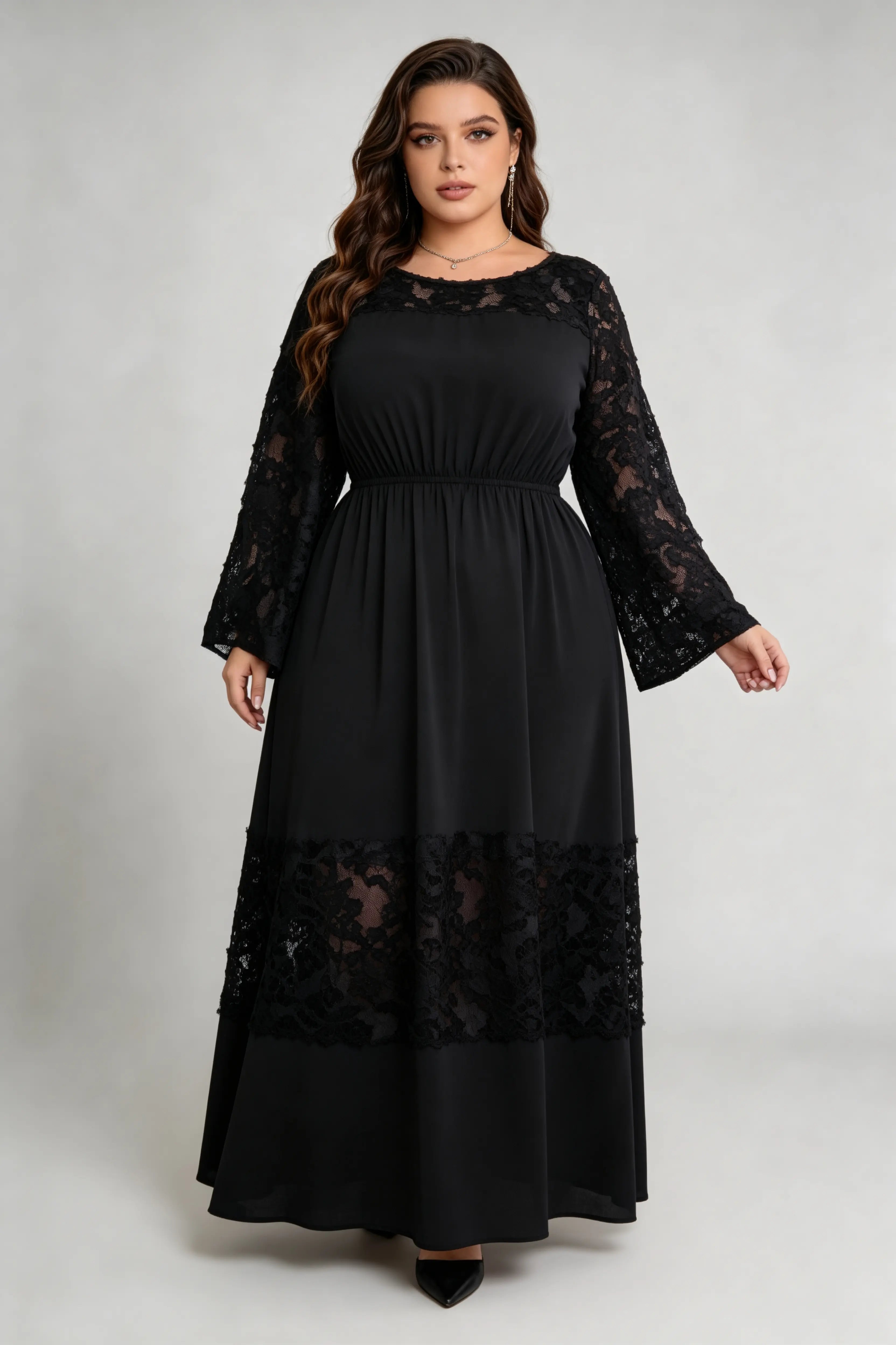Plus Size Black Lace Panel Maxi Dress, Round Neck Long Sleeve Elastic Waist A-Line Elegant Evening Dress