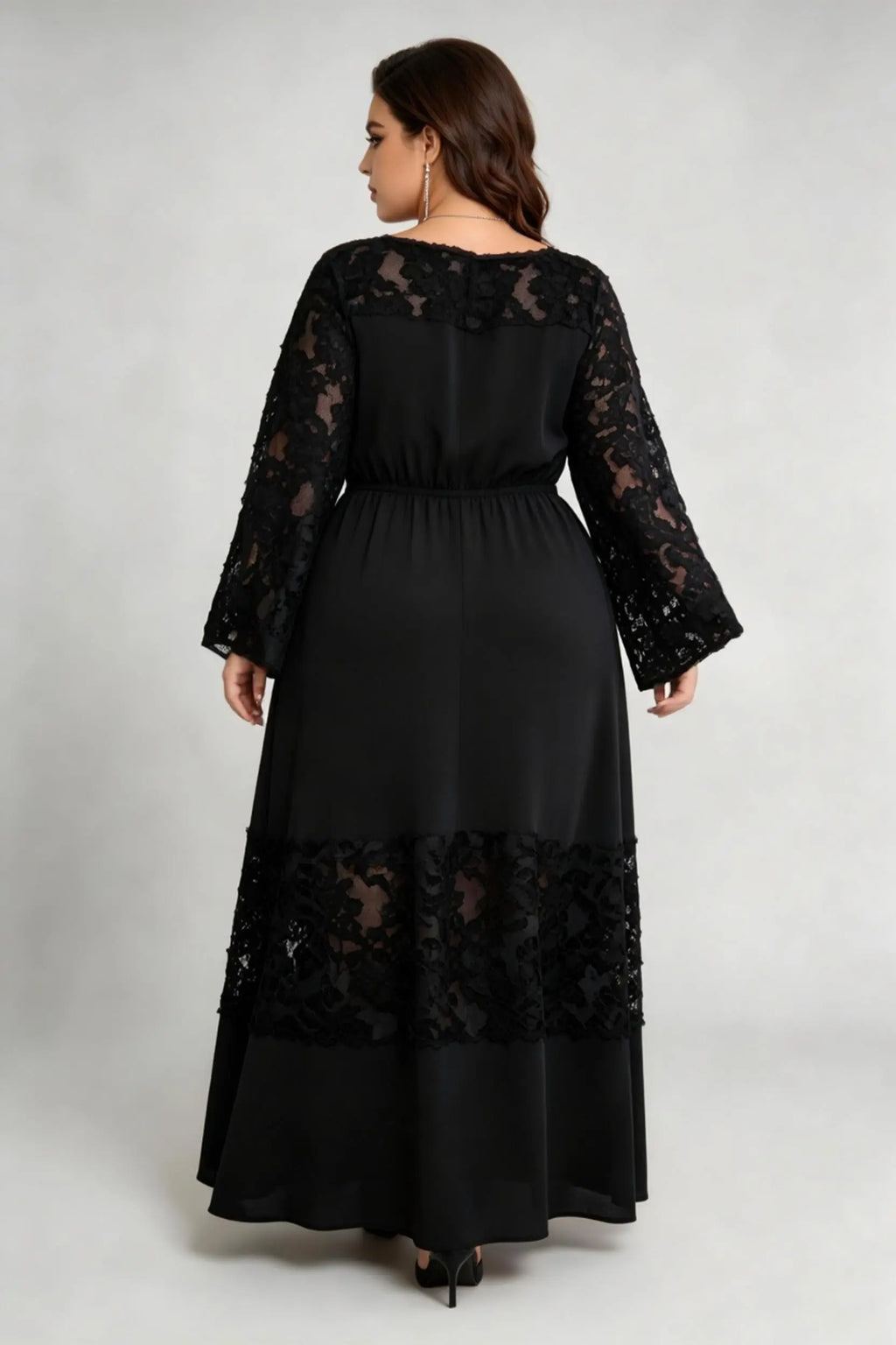 Plus Size Black Lace Panel Maxi Dress, Round Neck Long Sleeve Elastic Waist A-Line Elegant Evening Dress