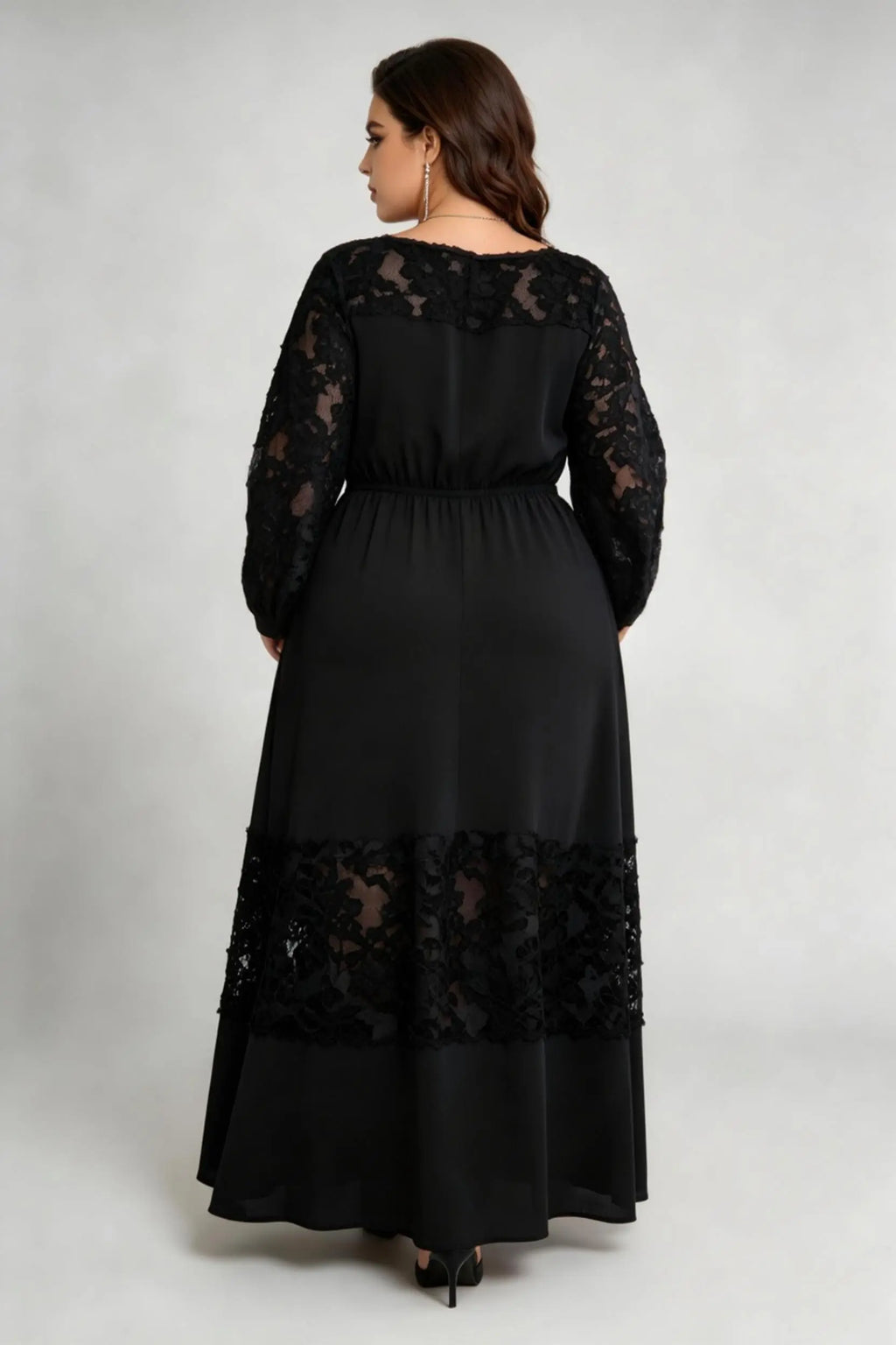 Plus Size Black Lace Panel Maxi Dress, Round Neck Long Sleeve Elastic Waist A-Line Elegant Evening Dress