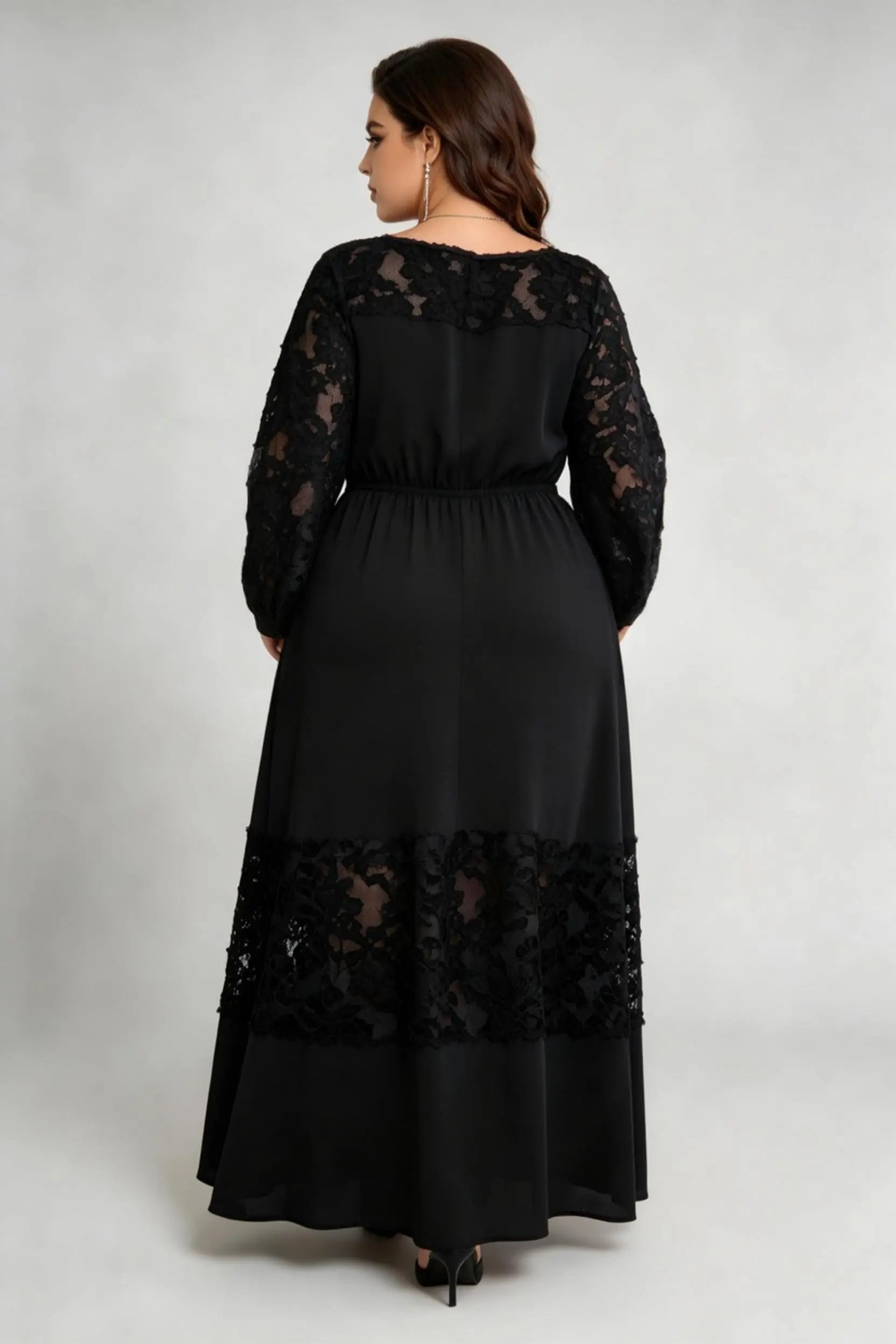 Plus Size Black Lace Panel Maxi Dress, Round Neck Long Sleeve Elastic Waist A-Line Elegant Evening Dress