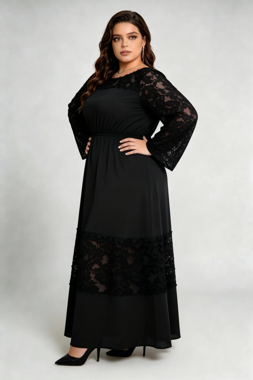 Plus Size Black Lace Panel Maxi Dress, Round Neck Long Sleeve Elastic Waist A-Line Elegant Evening Dress