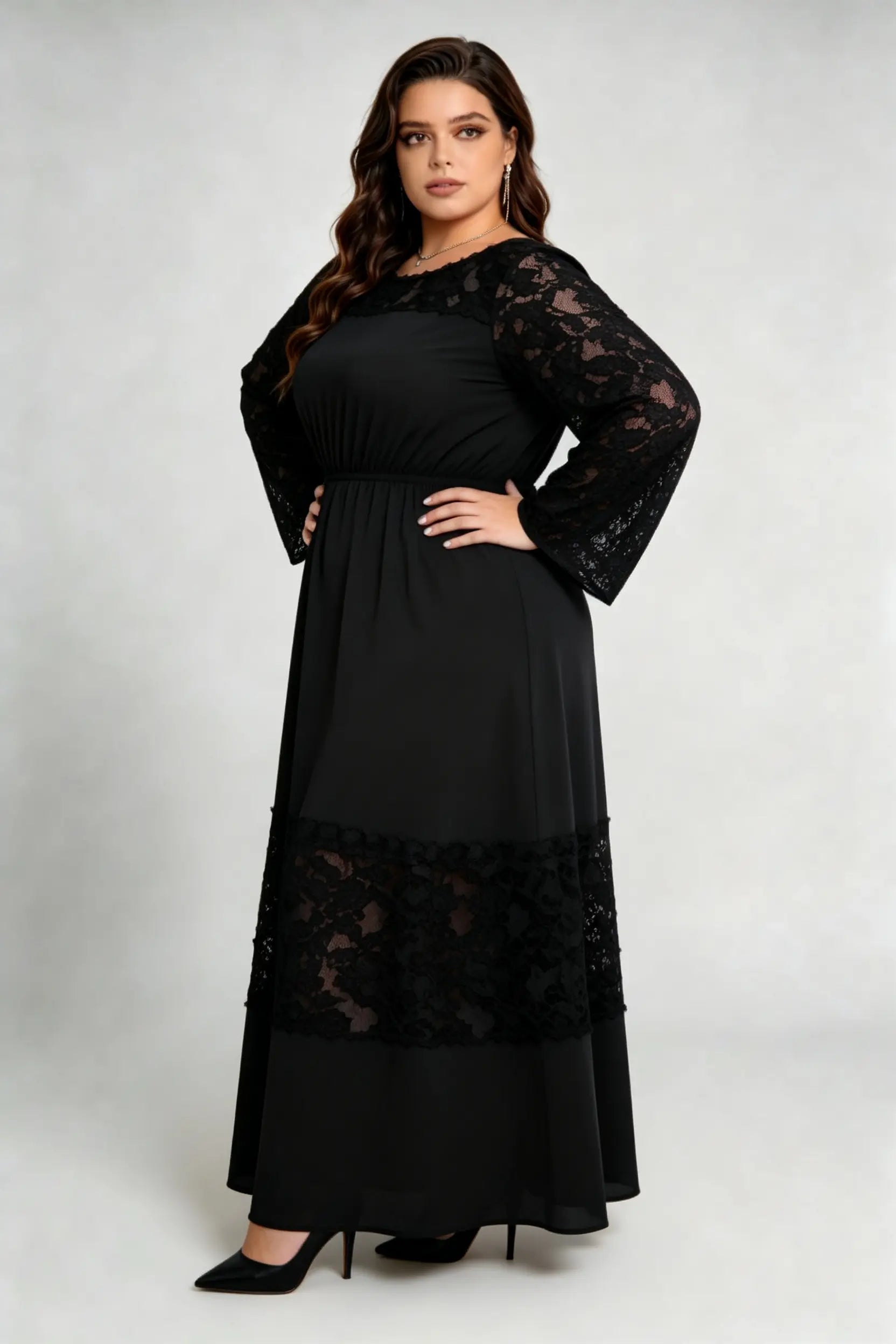 Plus Size Black Lace Panel Maxi Dress, Round Neck Long Sleeve Elastic Waist A-Line Elegant Evening Dress