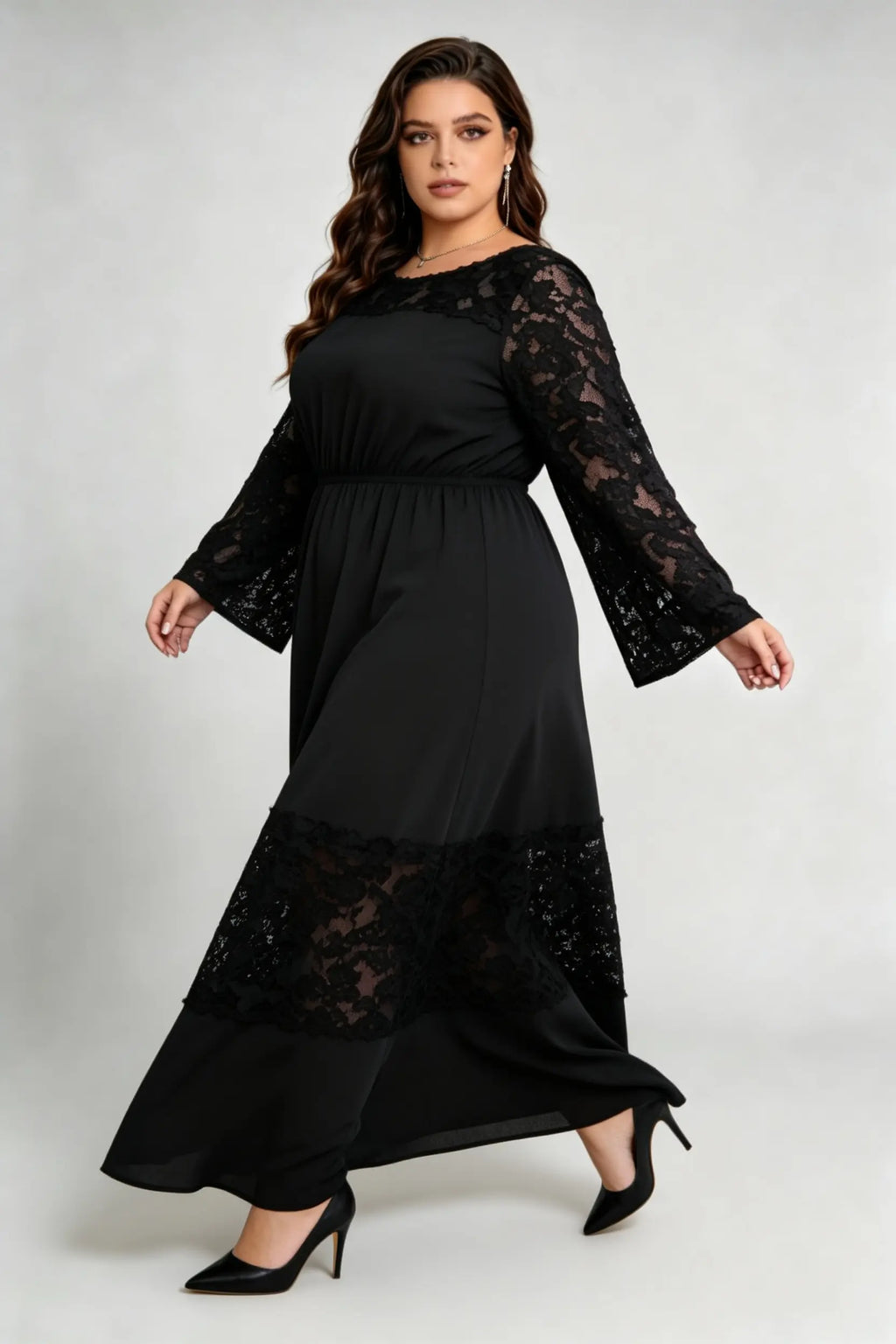 Plus Size Black Lace Panel Maxi Dress, Round Neck Long Sleeve Elastic Waist A-Line Elegant Evening Dress