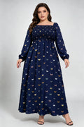 Curvy model wearing plus size navy blue butterfly print maxi dress, square neck smocked long sleeve a-line casual dress