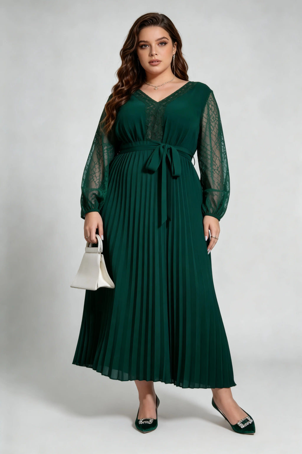 Plus Size Emerald Green Lace Sleeve Pleated Maxi Dress, V-Neck Self-Tie Belted Chiffon A-Line Formal Dress
