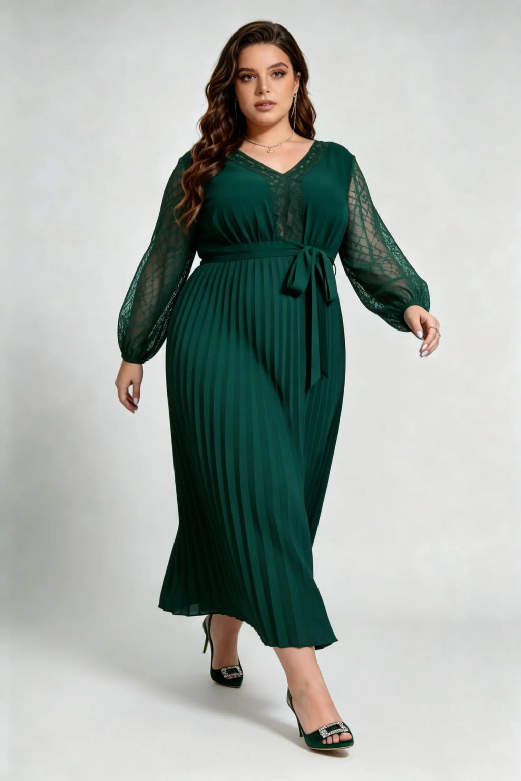 Plus Size Emerald Green Lace Sleeve Pleated Maxi Dress, V-Neck Self-Tie Belted Chiffon A-Line Formal Dress
