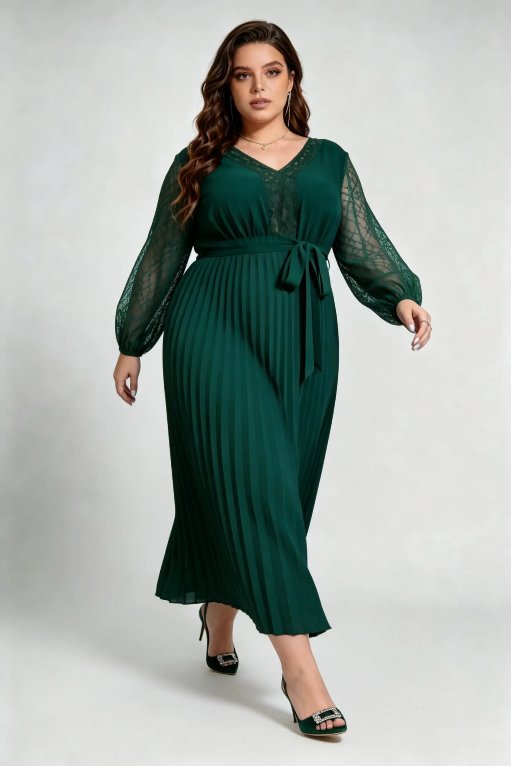 Plus Size Emerald Green Lace Sleeve Pleated Maxi Dress, V-Neck Self-Tie Belted Chiffon A-Line Formal Dress