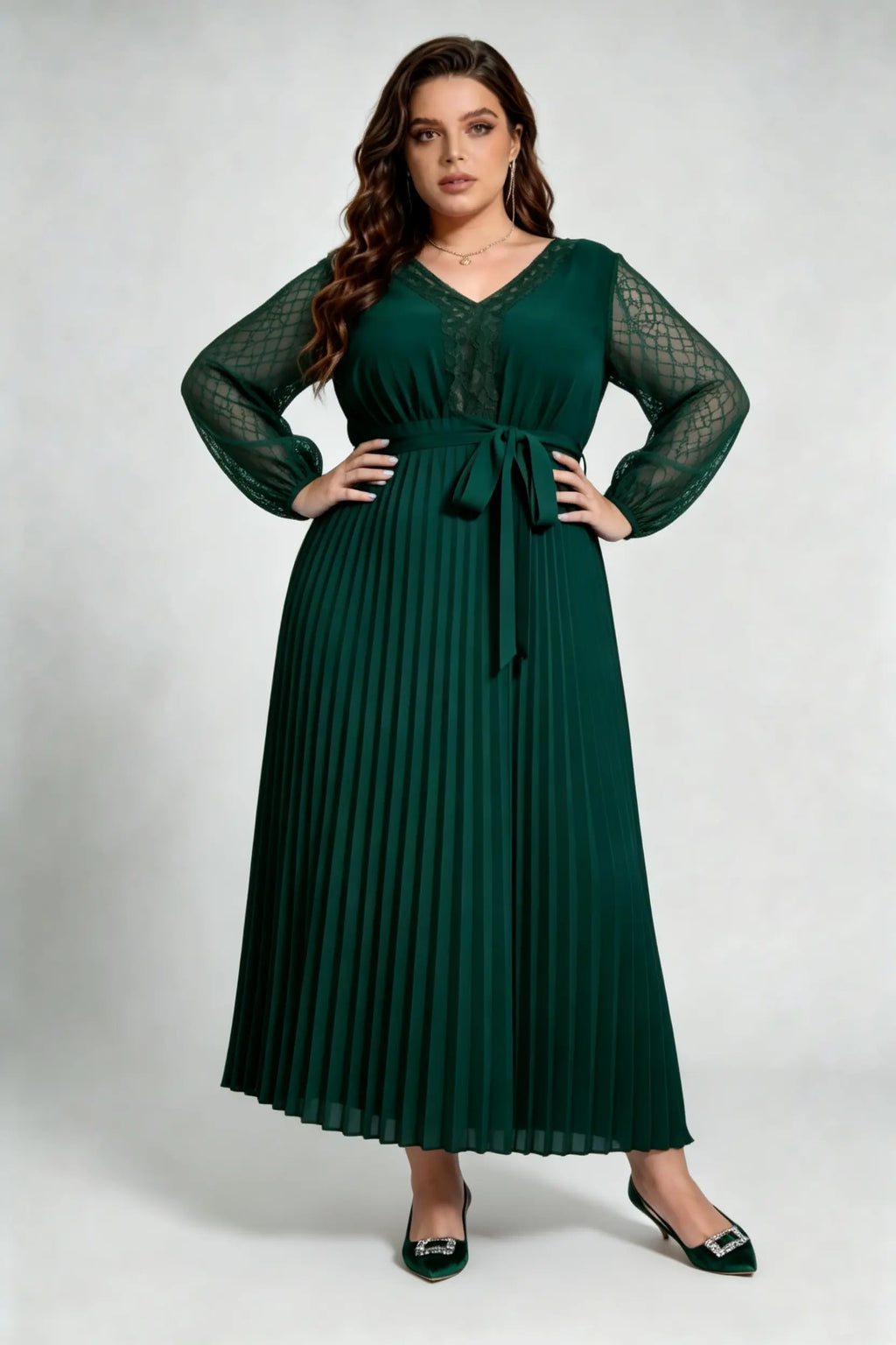 Plus Size Emerald Green Lace Sleeve Pleated Maxi Dress, V-Neck Self-Tie Belted Chiffon A-Line Formal Dress