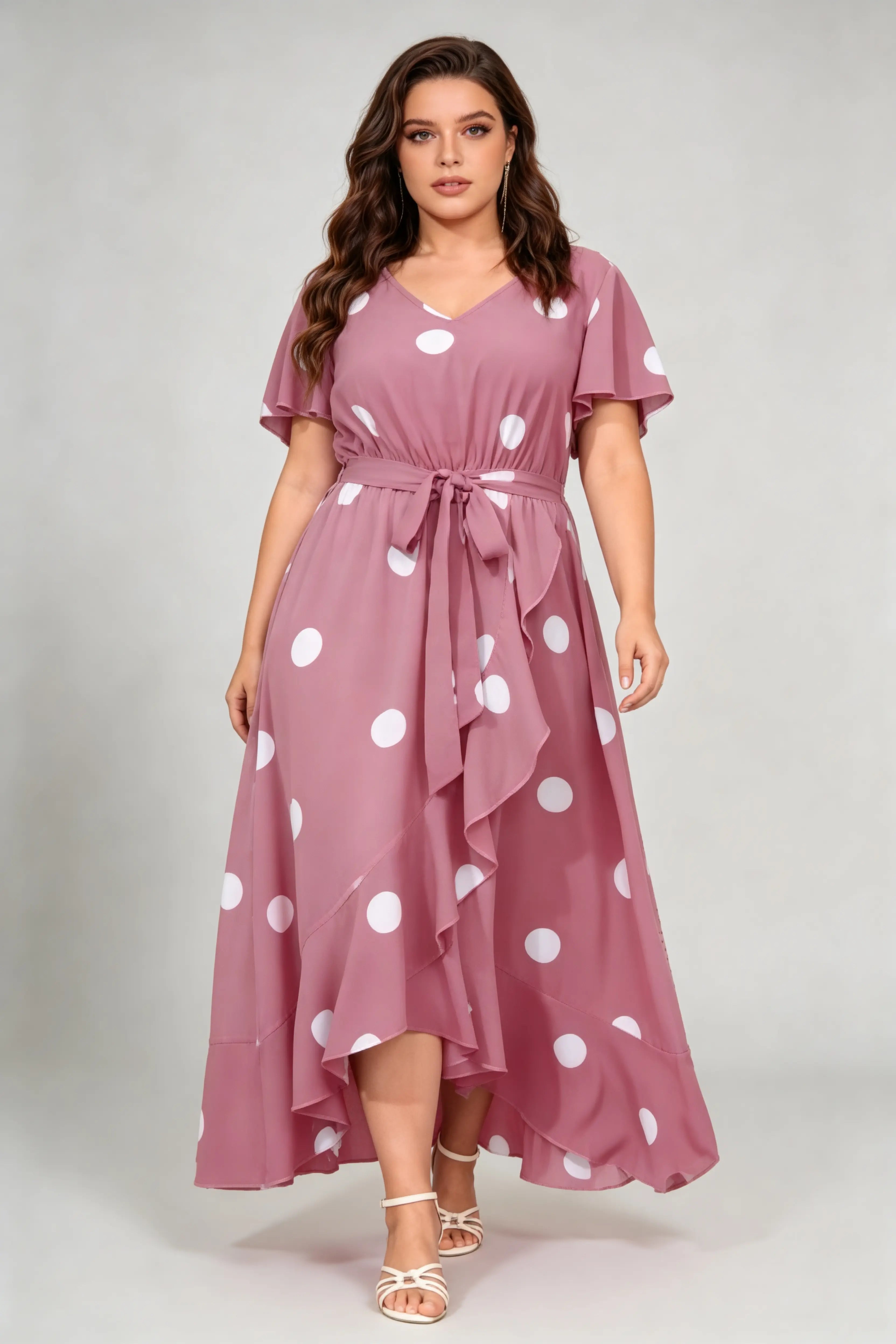 Curvy model wearing plus size dusty-rose polka dot ruffle hem maxi dress, v-neck flutter sleeve self-tie belted a-line casual dress