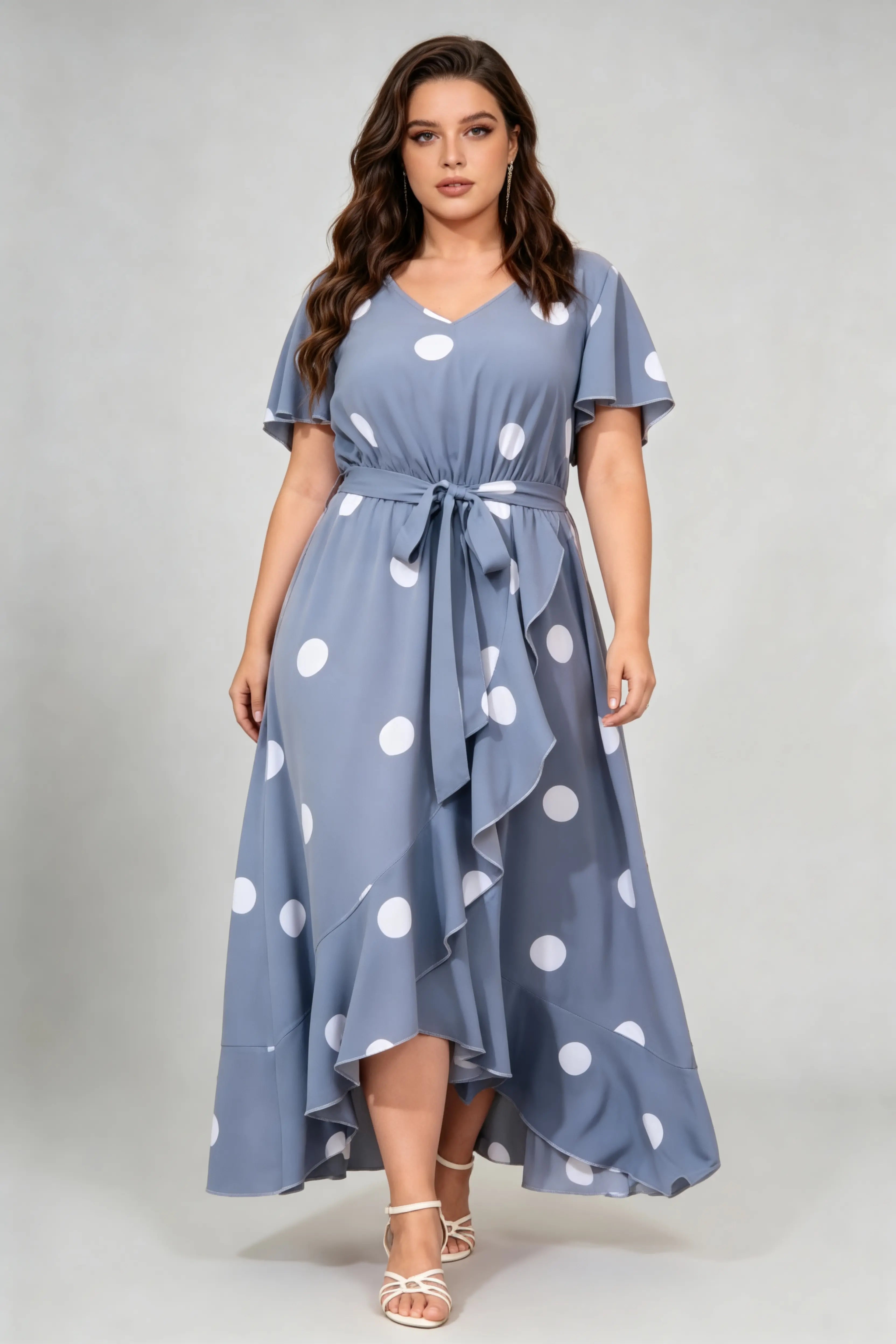 Curvy model wearing plus size sky-blue polka dot ruffle hem maxi dress, v-neck flutter sleeve self-tie belted a-line casual dress