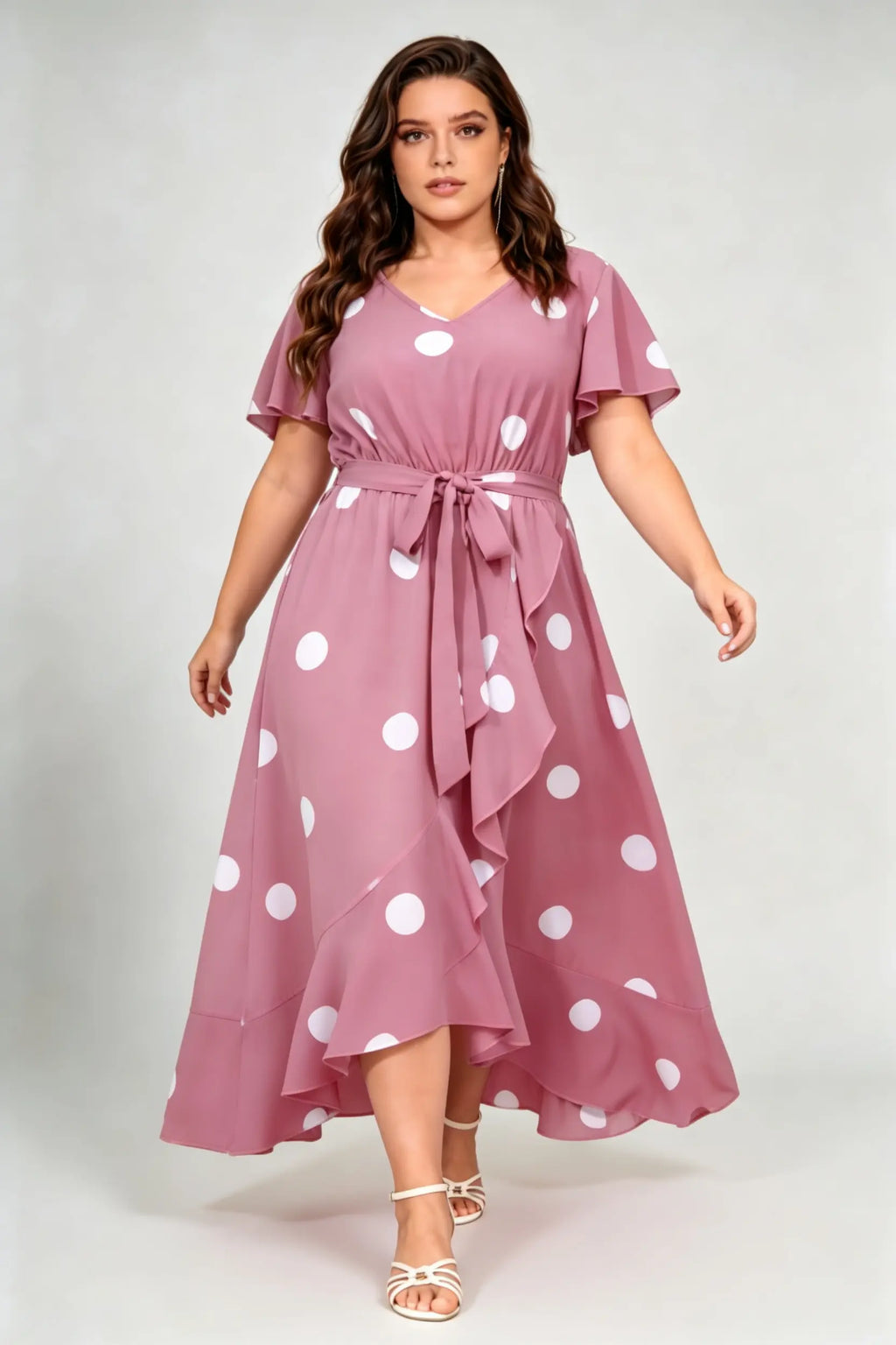 Curvy model wearing plus size dusty-rose polka dot ruffle hem maxi dress, v-neck flutter sleeve self-tie belted a-line casual dress