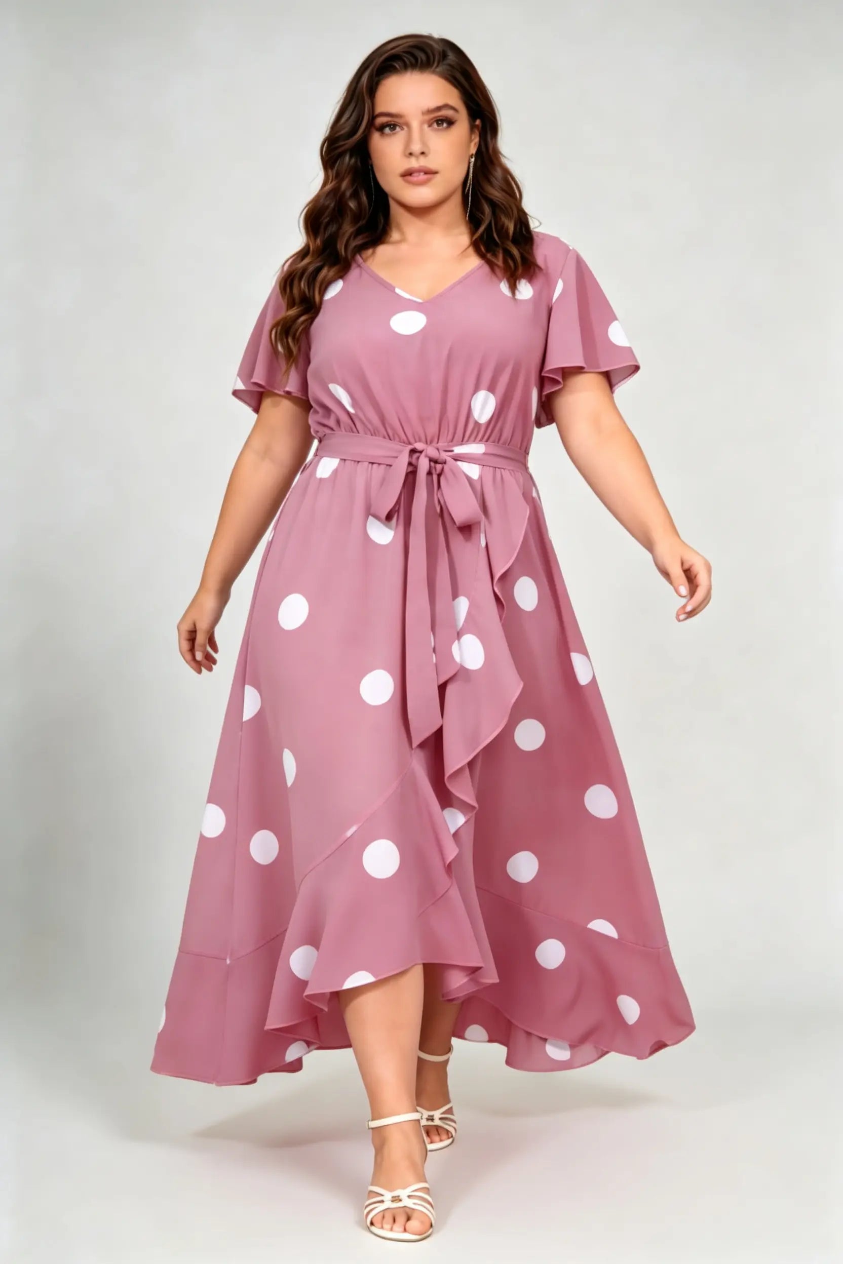 Curvy model wearing plus size dusty-rose polka dot ruffle hem maxi dress, v-neck flutter sleeve self-tie belted a-line casual dress