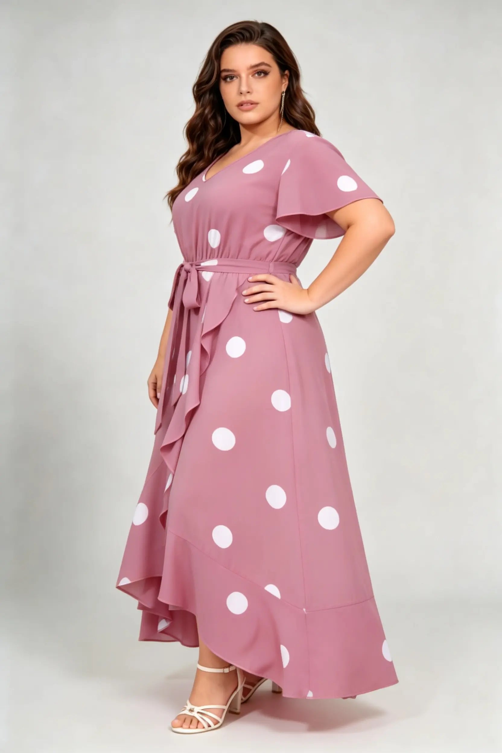 Curvy model wearing plus size dusty-rose polka dot ruffle hem maxi dress, v-neck flutter sleeve self-tie belted a-line casual dress