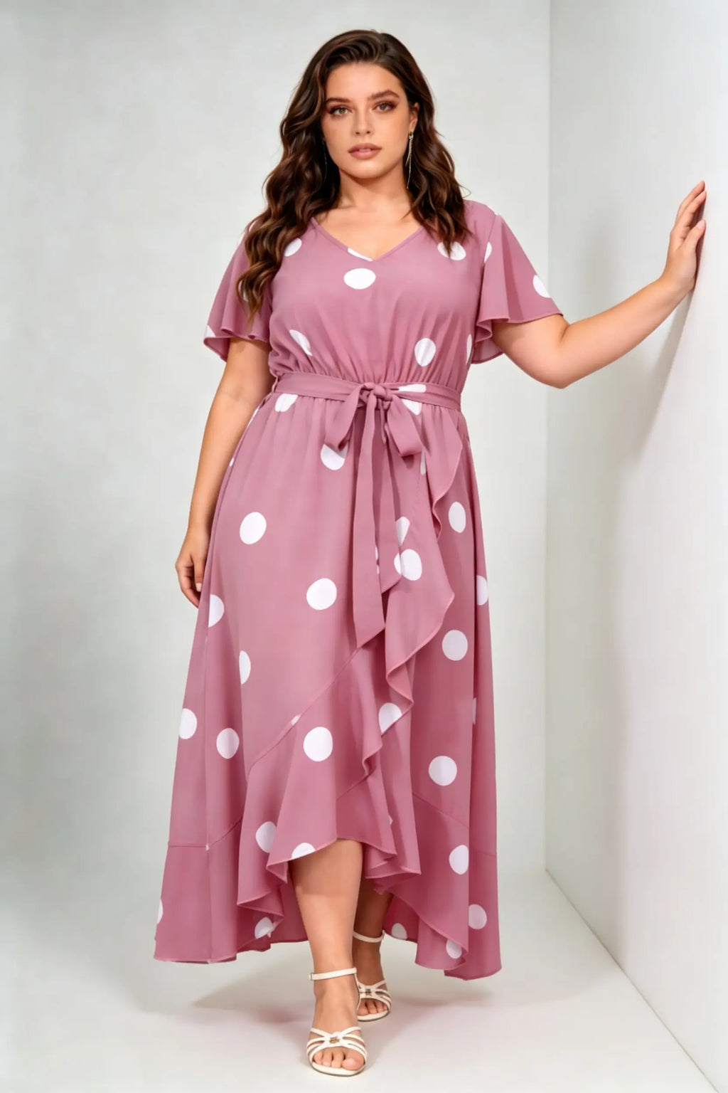 Curvy model wearing plus size dusty-rose polka dot ruffle hem maxi dress, v-neck flutter sleeve self-tie belted a-line casual dress