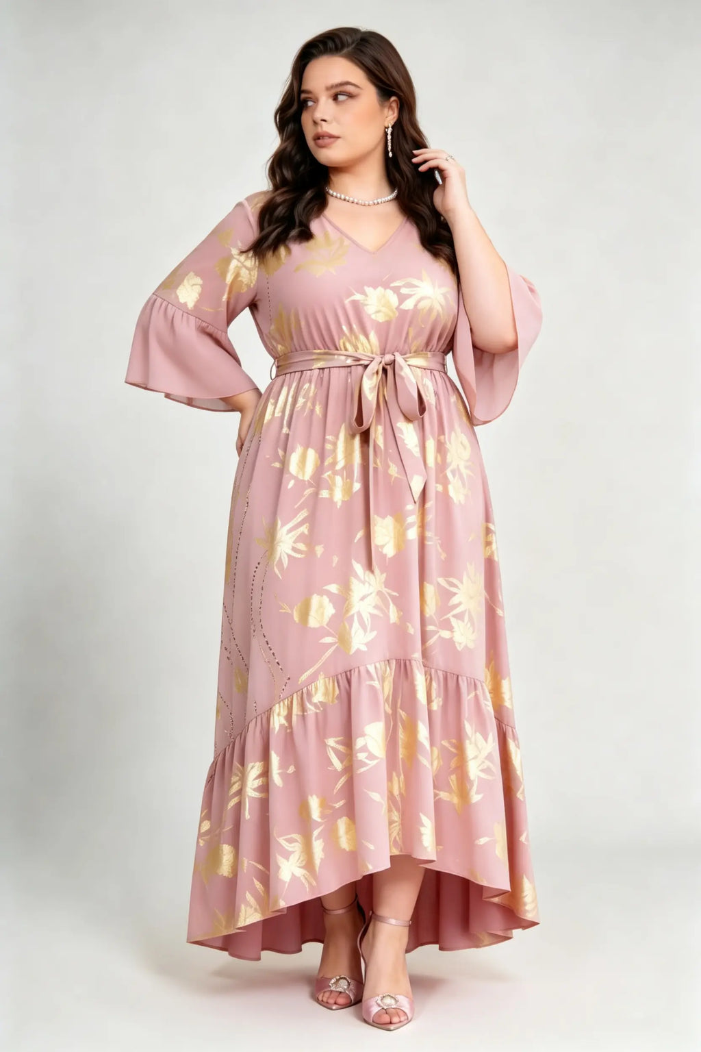 Curvy model wearing plus size blush pink gold foil floral maxi dress, v-neck 3/4 ruffle sleeve self-tie belted a-line high-low dress