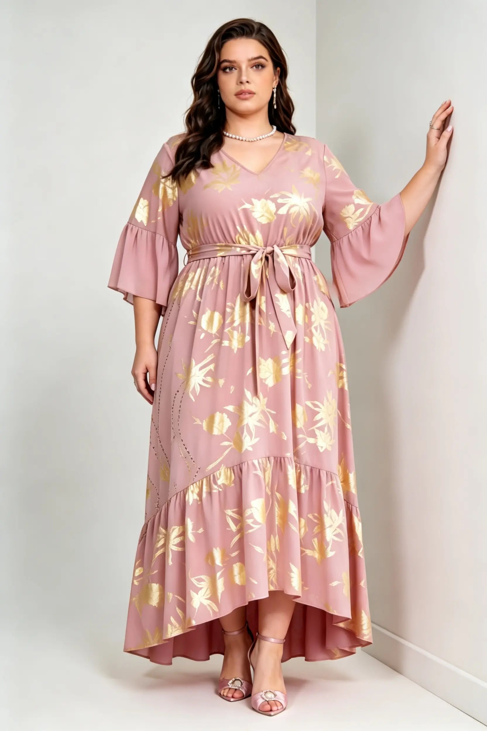 Curvy model wearing plus size blush pink gold foil floral maxi dress, v-neck 3/4 ruffle sleeve self-tie belted a-line high-low dress