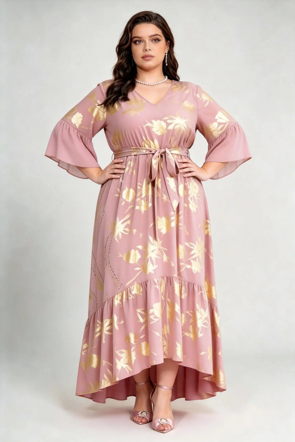 Curvy model wearing plus size blush pink gold foil floral maxi dress, v-neck 3/4 ruffle sleeve self-tie belted a-line high-low dress