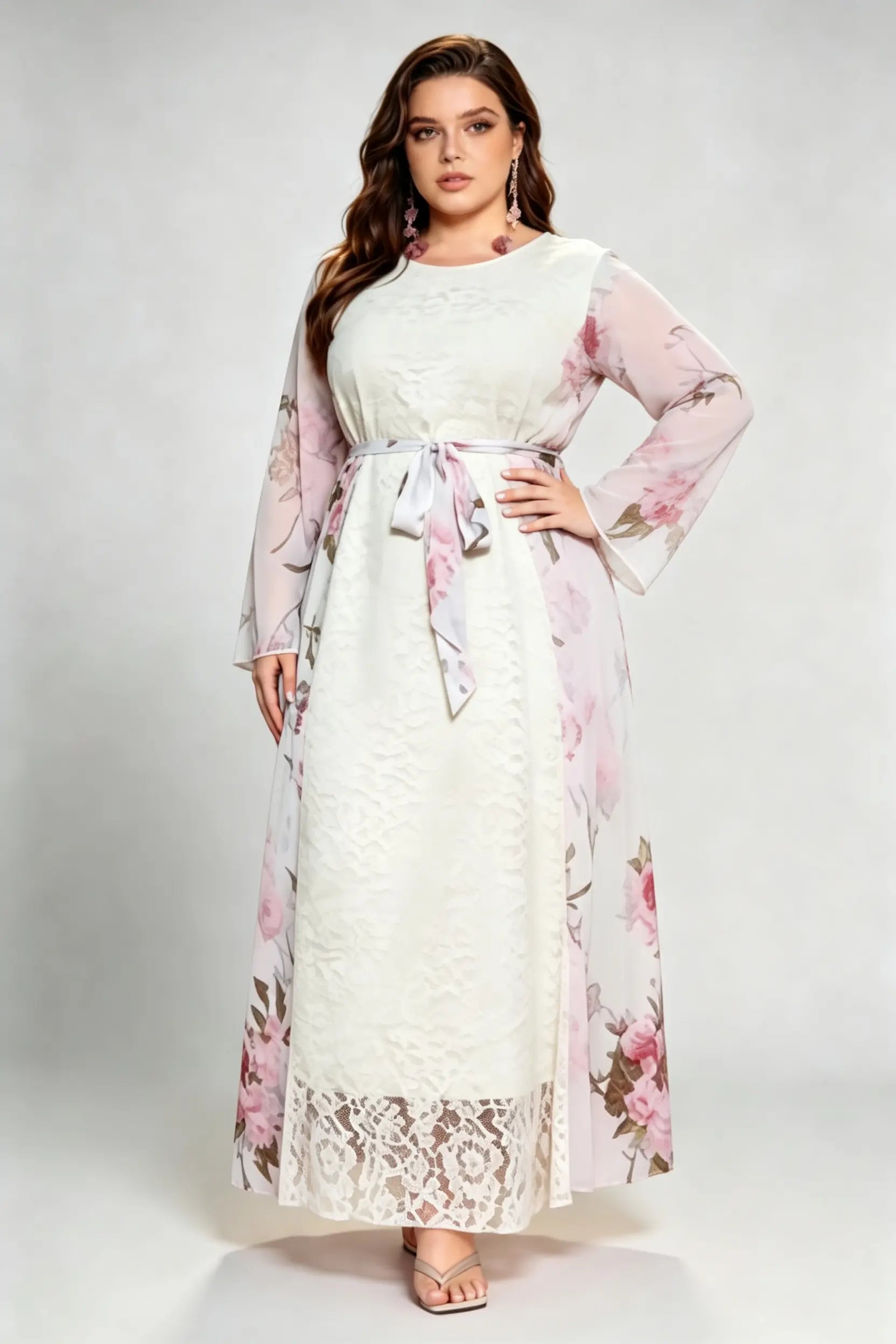 Plus Size Cream Floral Lace Maxi Dress, Round Neck Long Sleeve Chiffon Overlay Self-Tie Belted A-Line Dress