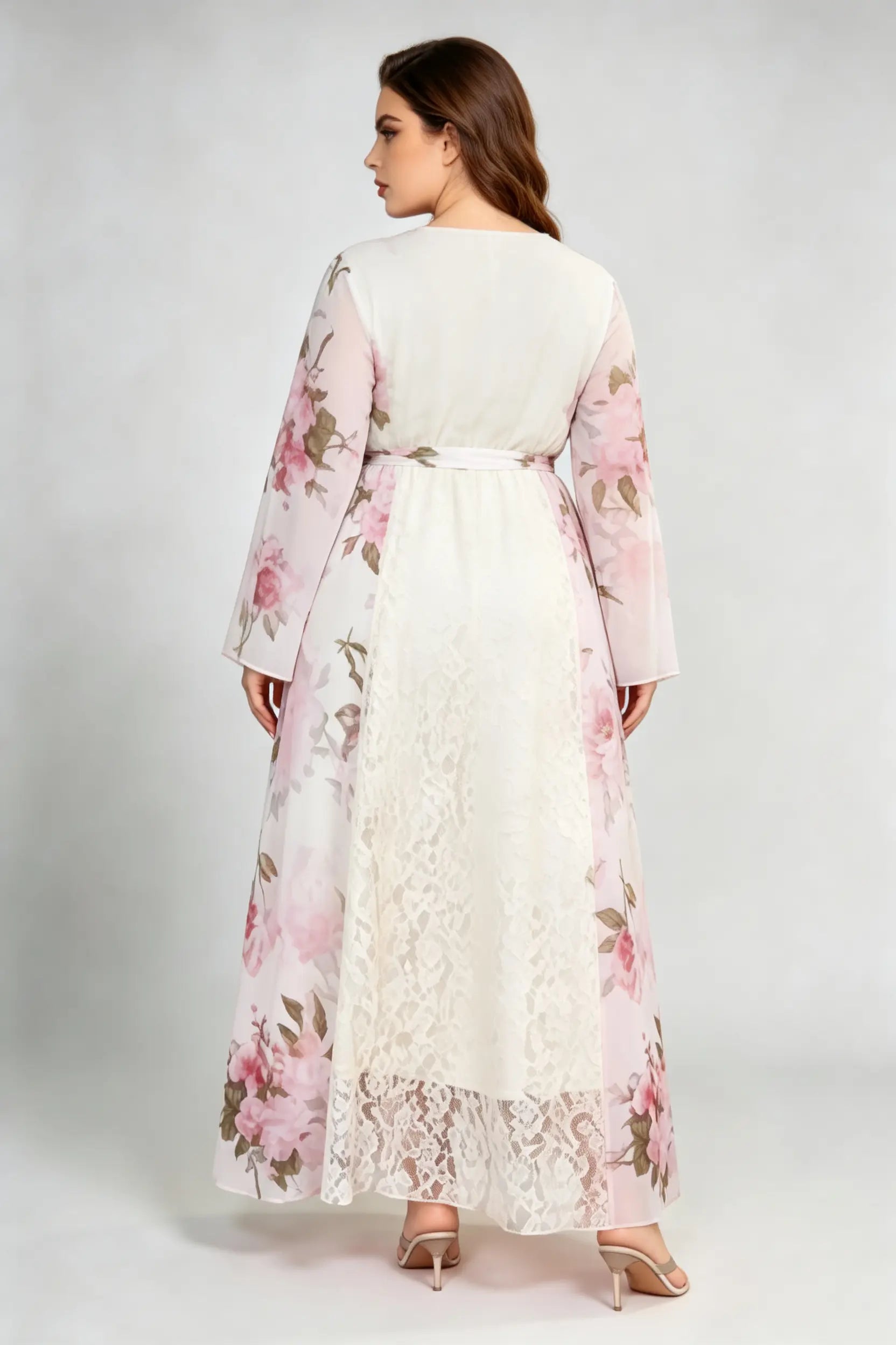 Plus Size Cream Floral Lace Maxi Dress, Round Neck Long Sleeve Chiffon Overlay Self-Tie Belted A-Line Dress