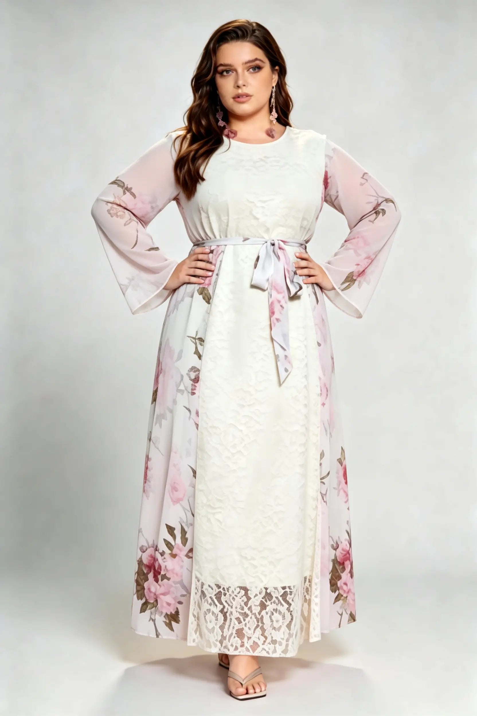 Plus Size Cream Floral Lace Maxi Dress, Round Neck Long Sleeve Chiffon Overlay Self-Tie Belted A-Line Dress