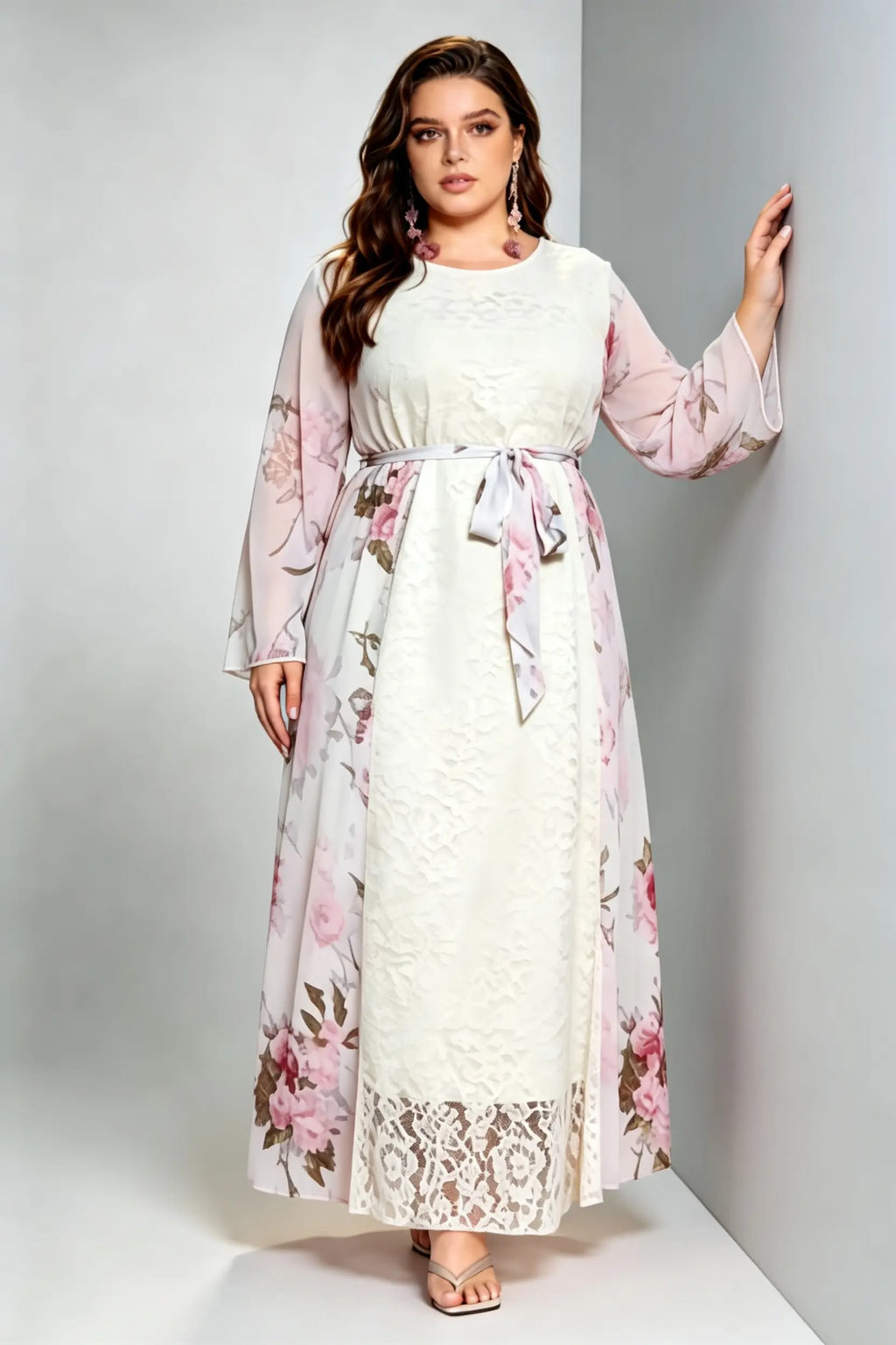 Plus Size Cream Floral Lace Maxi Dress, Round Neck Long Sleeve Chiffon Overlay Self-Tie Belted A-Line Dress