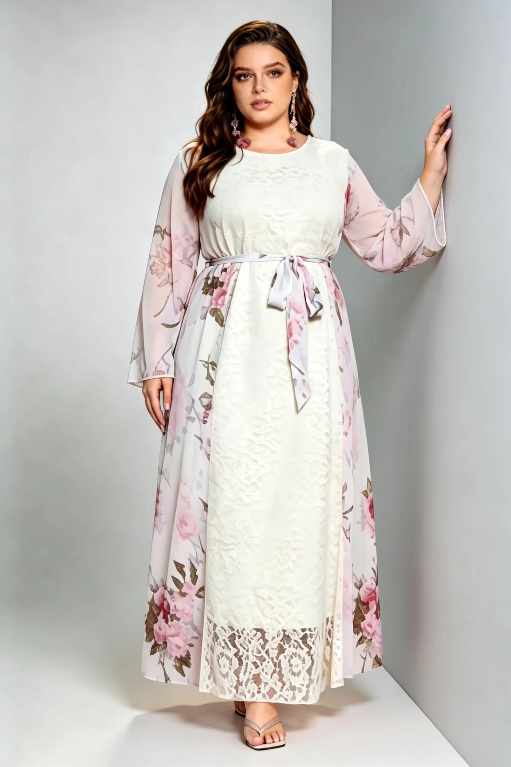 Plus Size Cream Floral Lace Maxi Dress, Round Neck Long Sleeve Chiffon Overlay Self-Tie Belted A-Line Dress