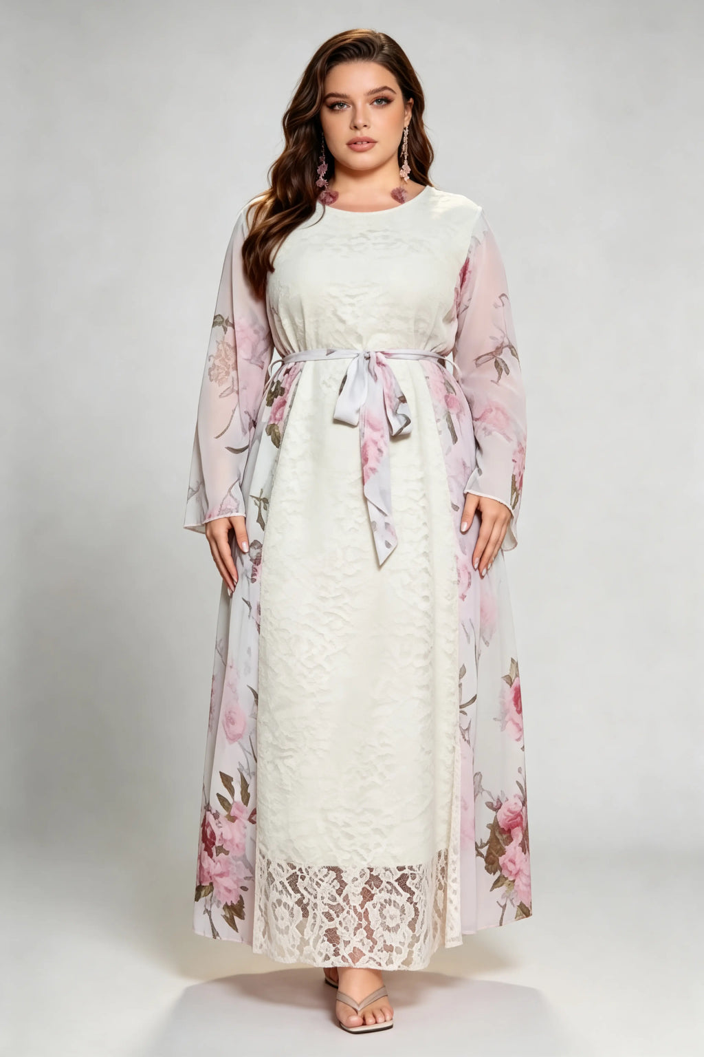 Plus Size Cream Floral Lace Maxi Dress, Round Neck Long Sleeve Chiffon Overlay Self-Tie Belted A-Line Dress