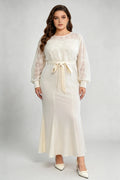 Plus Size Cream Lace Mermaid Maxi Dress, Round Neck Long Sleeve Self-Tie Belted Formal Evening Dress