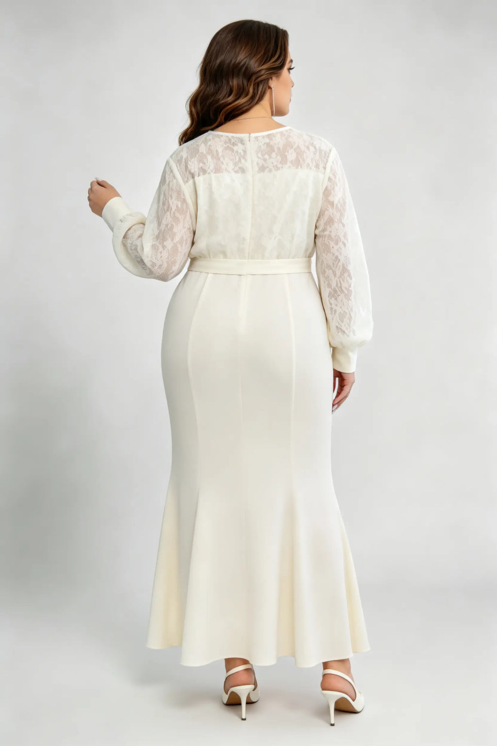 Plus Size Cream Lace Mermaid Maxi Dress, Round Neck Long Sleeve Self-Tie Belted Formal Evening Dress