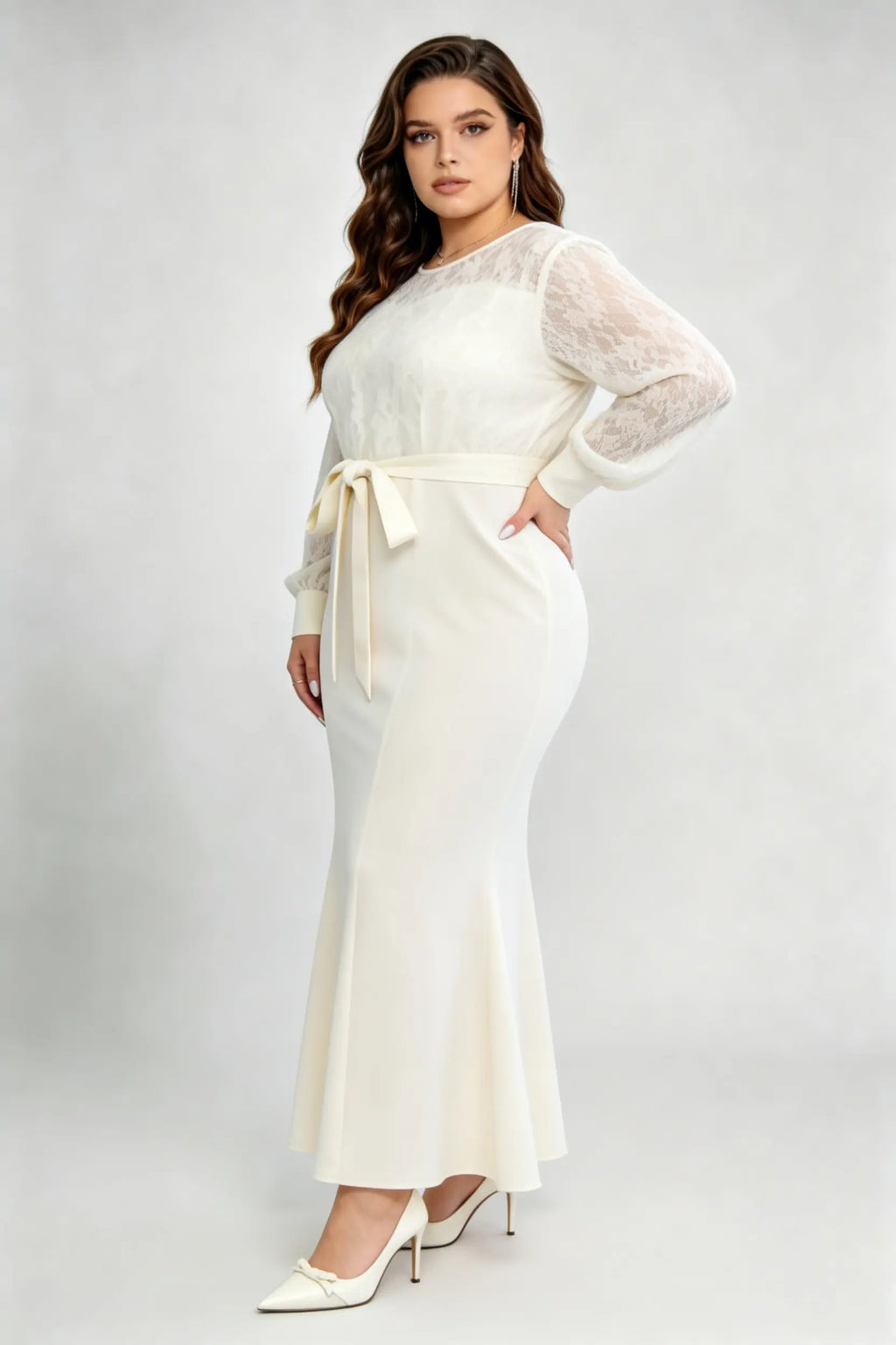 Plus Size Cream Lace Mermaid Maxi Dress, Round Neck Long Sleeve Self-T –  phoehua