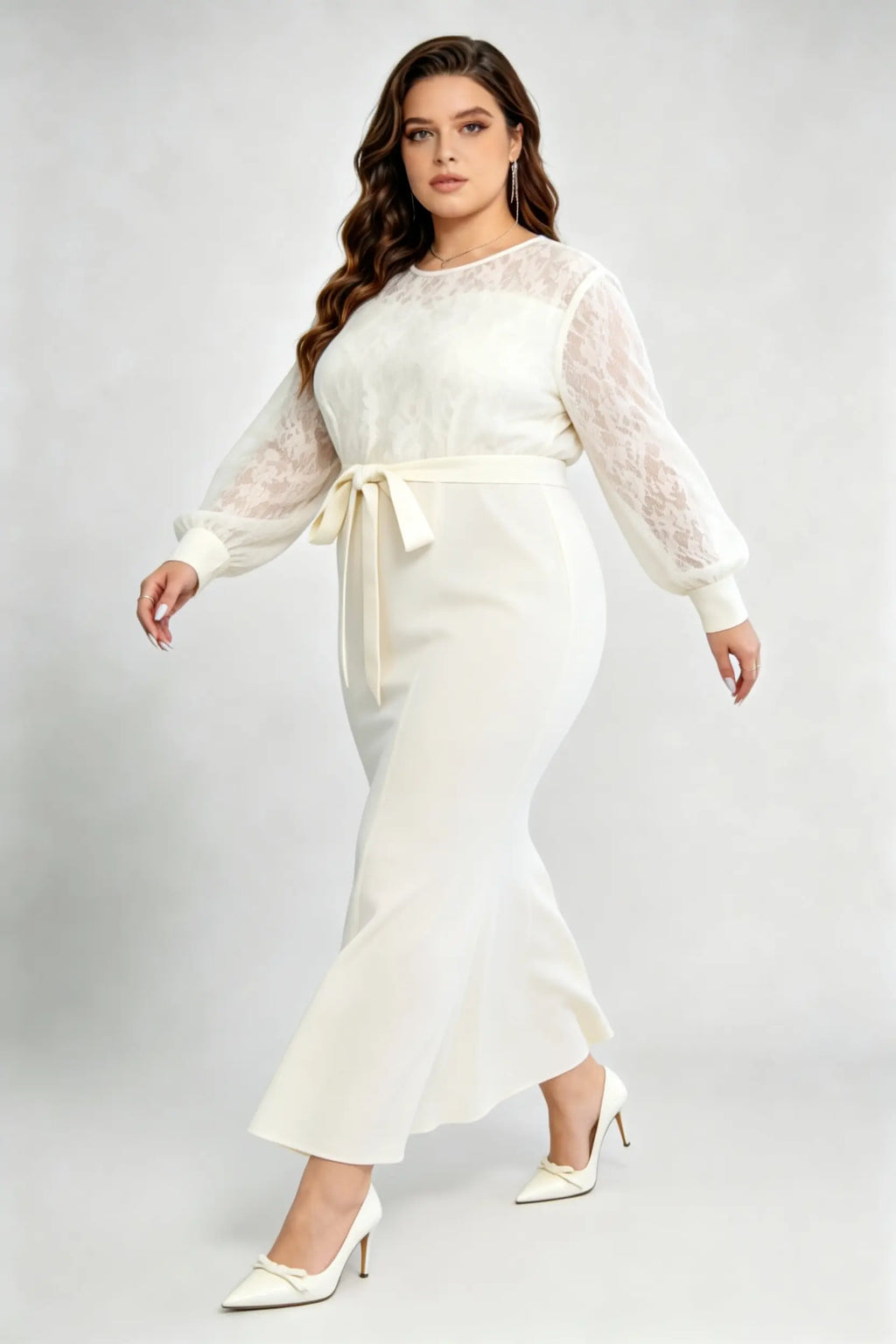 Plus Size Cream Lace Mermaid Maxi Dress, Round Neck Long Sleeve Self-Tie Belted Formal Evening Dress