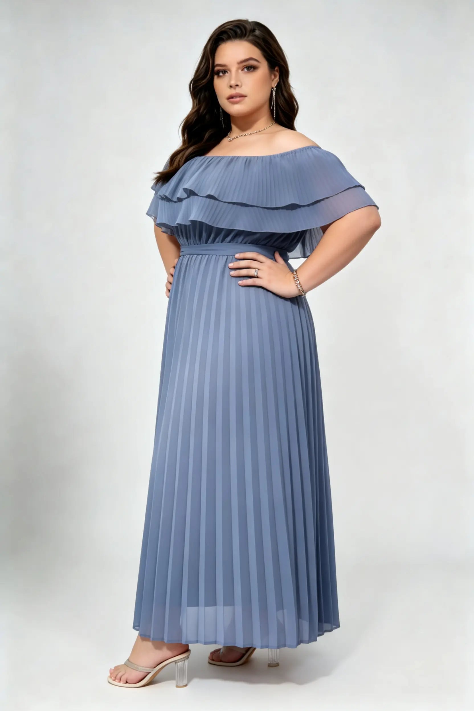 Curvy model wearing plus size dusty blue off-shoulder pleated maxi dress, layered ruffle self-tie belted a-line formal dress