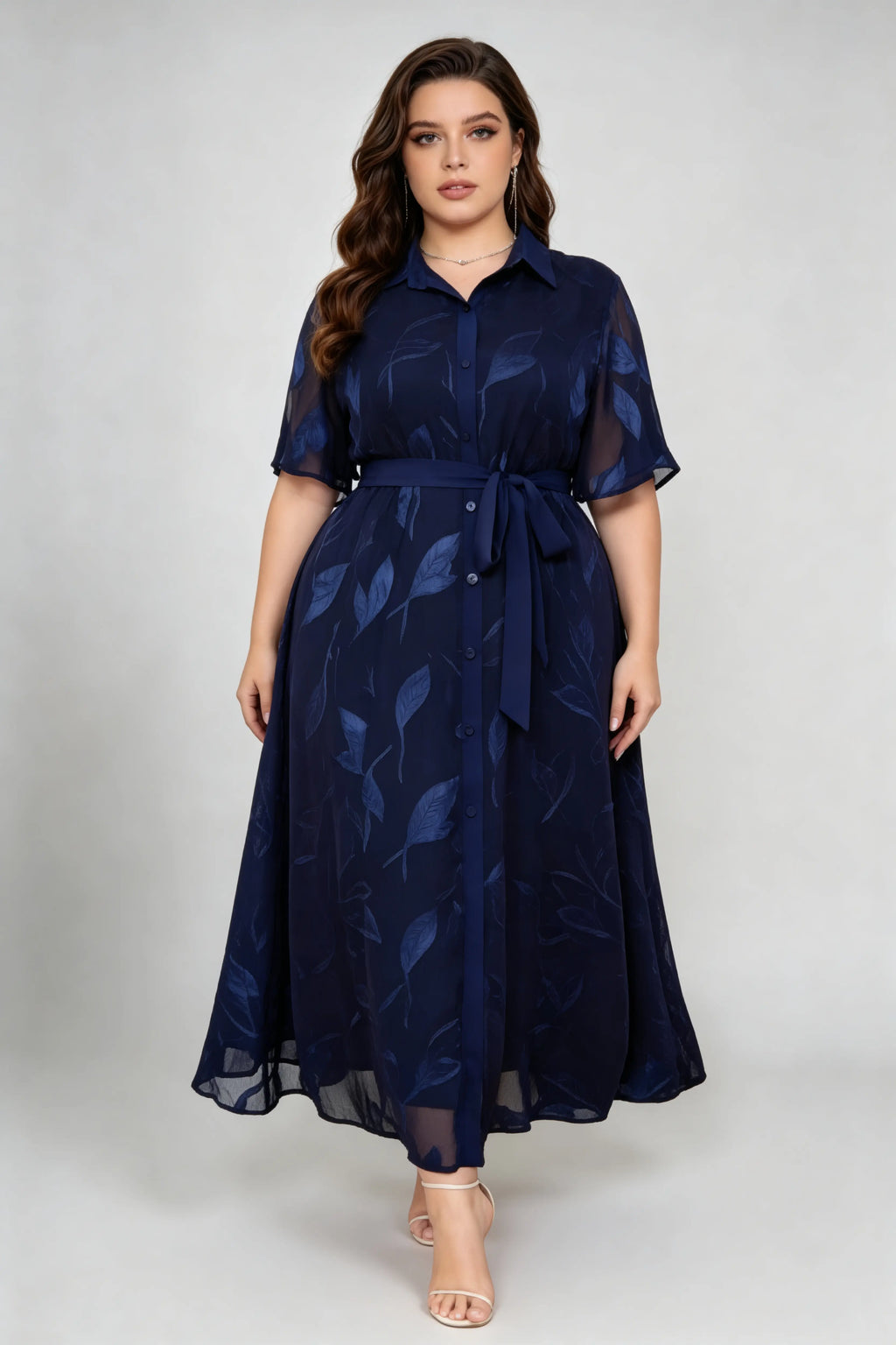 Curvy model wearing plus size blue navy leaf jacquard shirt maxi dress, collared short sleeve self-tie belted a-line dress